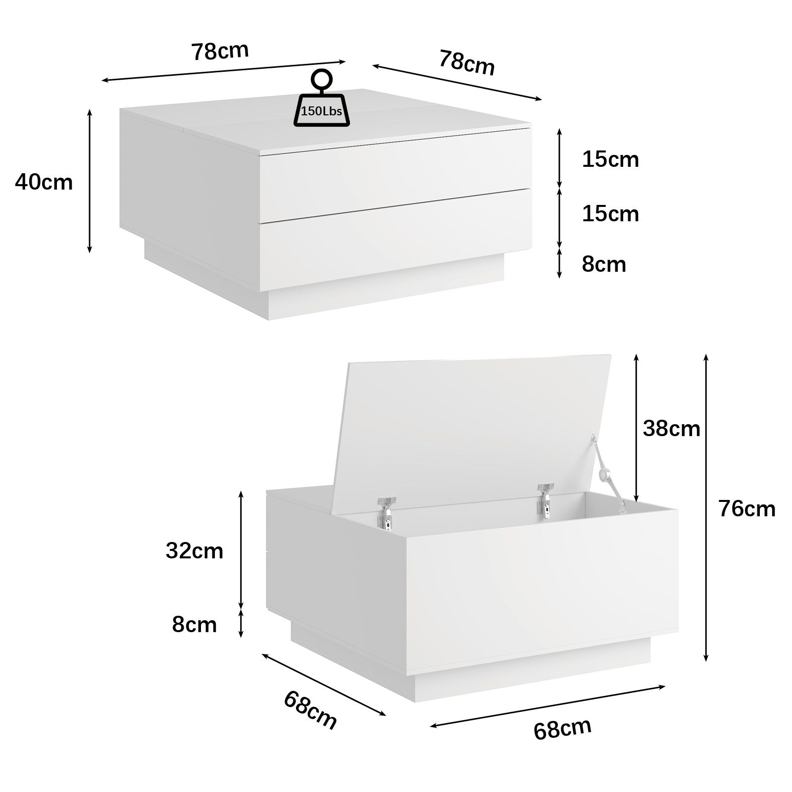 radelldar Couchtisch mit 2 Schubladen und aufklappbarer Tischplatte, 78x78x40cm (1-St), Wohnzimmertisch Beistelltisch mit LED-Beleuchtung