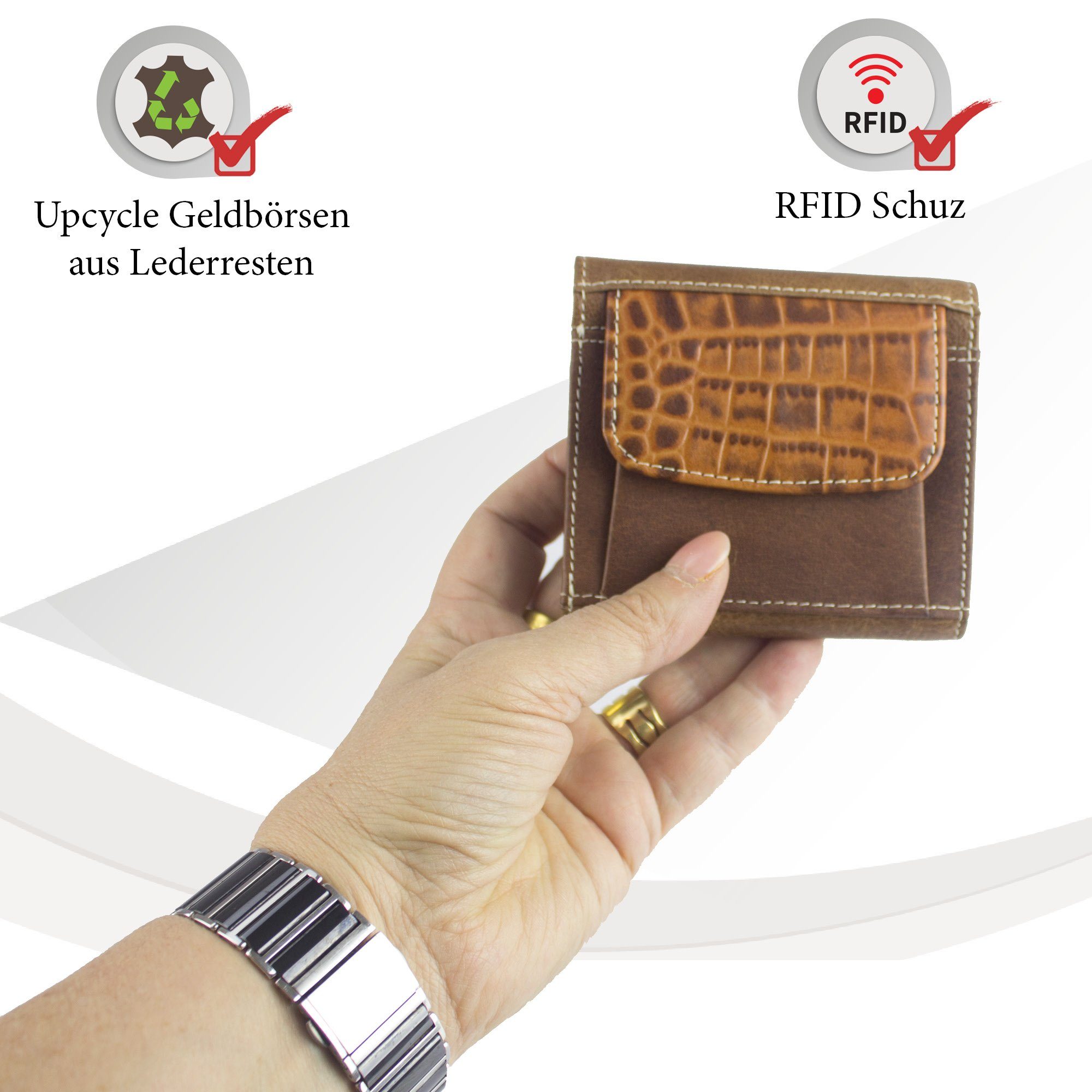 recycelten Brieftasche mit echt Sunsa aus Geldbörse Unisex Portemonnaie echt RFID-Schutz, Leder, Geldbeutel Lederresten, Leder klein Damen, braun