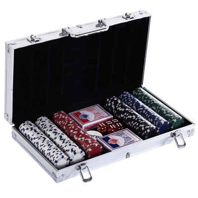 HOMCOM Spiel, Familienspiel, Gesellschaftsspiel Pokerkoffer Pokerset Jetons Koffer Alu+ Polystyrol 38x20.5x6.5 cm, 300 Pokerchips 5 Farben 2xKartenspiel 5xWürfel 1xAlukoffer