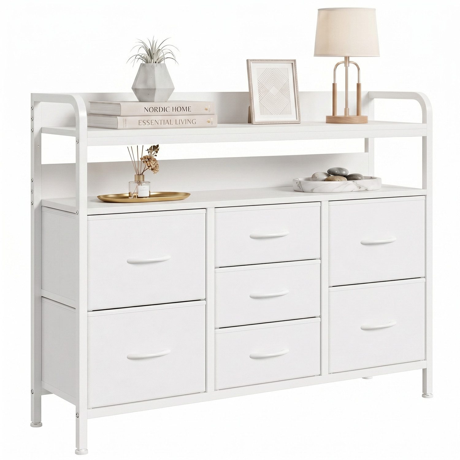 Refined Living Kommode Stoffkommode mit 6/7/8 Schubladen mit 2 offenen Ablagen Komodenschrank (Holzplatte und Metallrahmen, wasserdicht, Platzieren Dekorationen, Große Kapazität Aufbewahrungsmöbel, Sideboards, Schubkastenkommode), für Wohnzimmer, Kinderzi