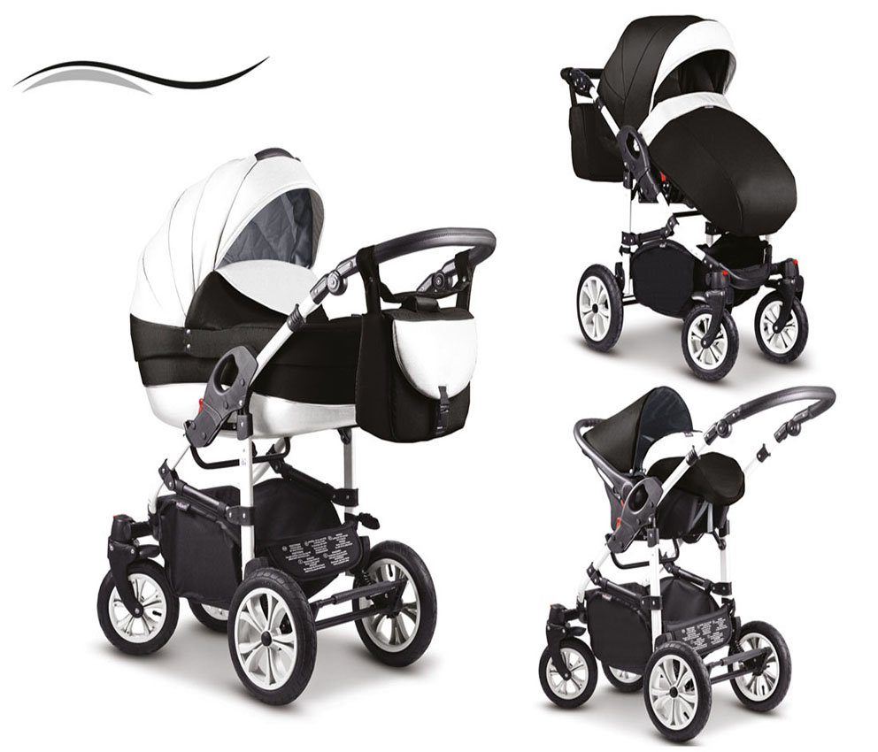 babies-on-wheels Kombi-Kinderwagen 3 in 1 Kinderwagen-Set Cosmo - 16 Teile - in 41 Farben Weiß-Schwarz