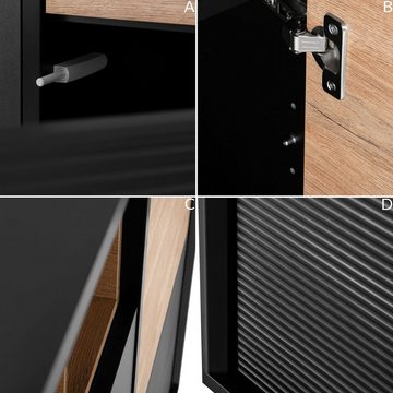 Konsimo Hochkommode LOFTY Sideboard Türkommode mit Füßen Eiche schwarz, Holz, geriffelte Front, 3 Türen, optionale Beleuchtung