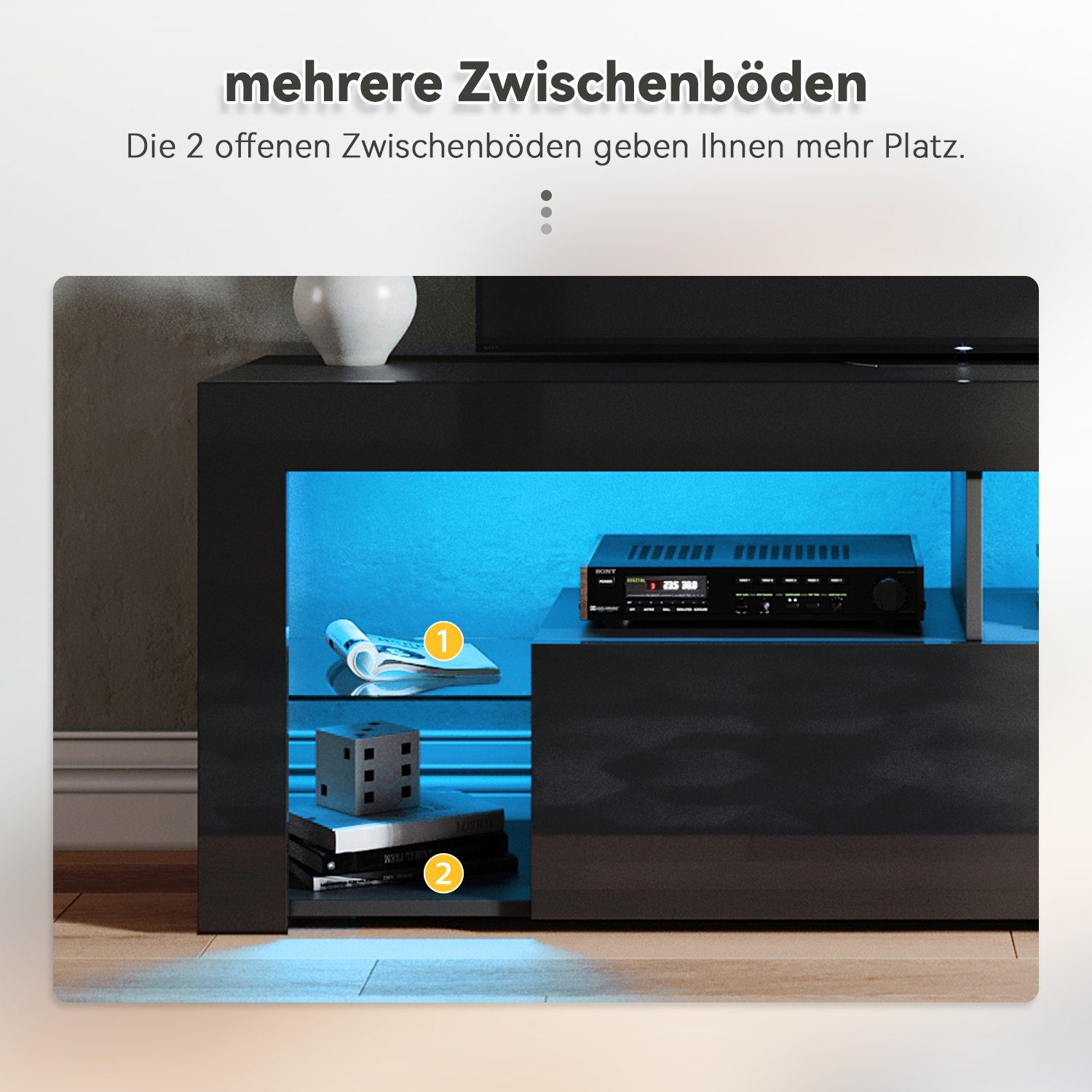 SONNI TV-Schrank Schwarzer 12 Led LED-Beleuchtung mit Stilvoll 140x35x50.5cm Beleuchtung, mit TV-Ständer Farben