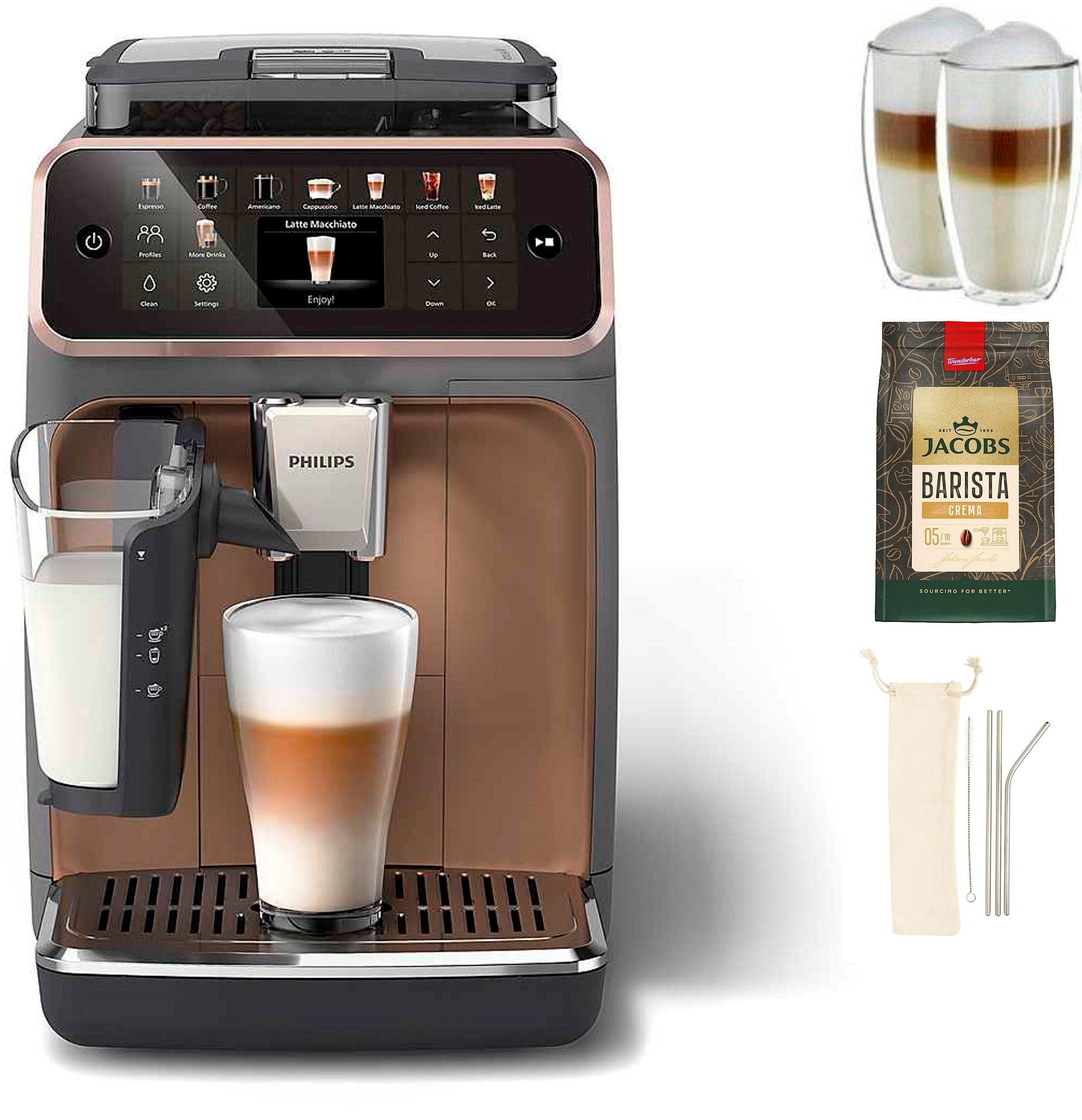 Philips Kaffeevollautomat EP5544/80 5500 Series, 20 Kaffeespezialitäten (heiß oder eisgekühlt), LatteGo-Milchsystem, SilentBrew Technologie, Grau/Kupfer
