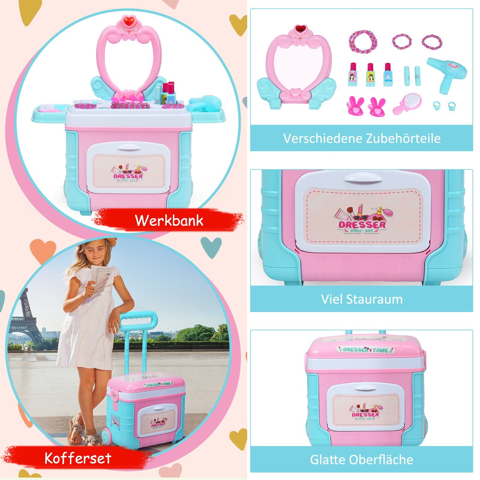 Damen Beauty Cases COSTWAY Kosmetikkoffer Schminkset Spielzeug, 2 in 1 Kinder Rollenspiel Schminkset, Schminkkoffer & -Tisch, hö