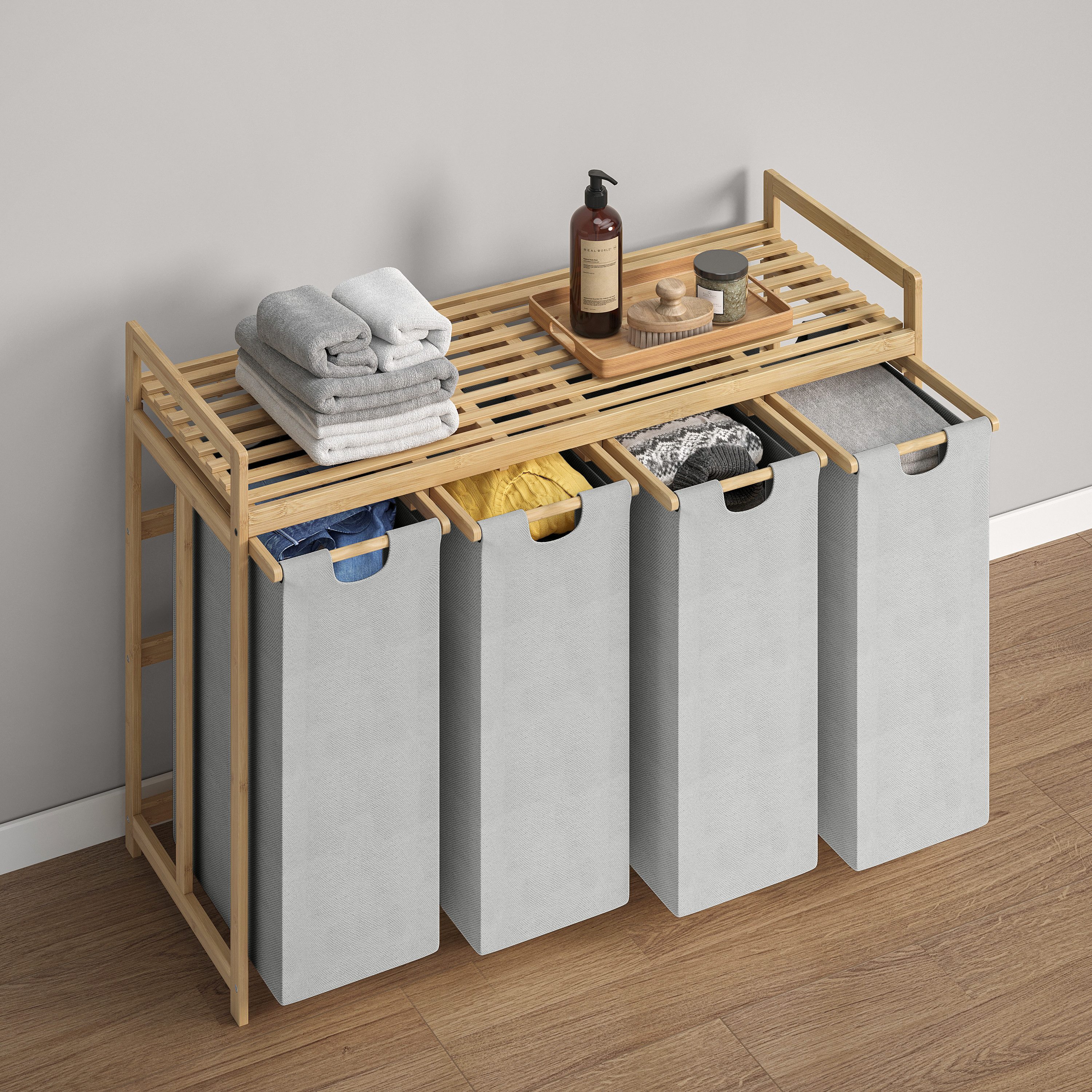 Bellamio Wäschekorb Newa aus Bambus (4 Fächer mit 1 Ablage, Hellgrau 200 L) günstig online kaufen