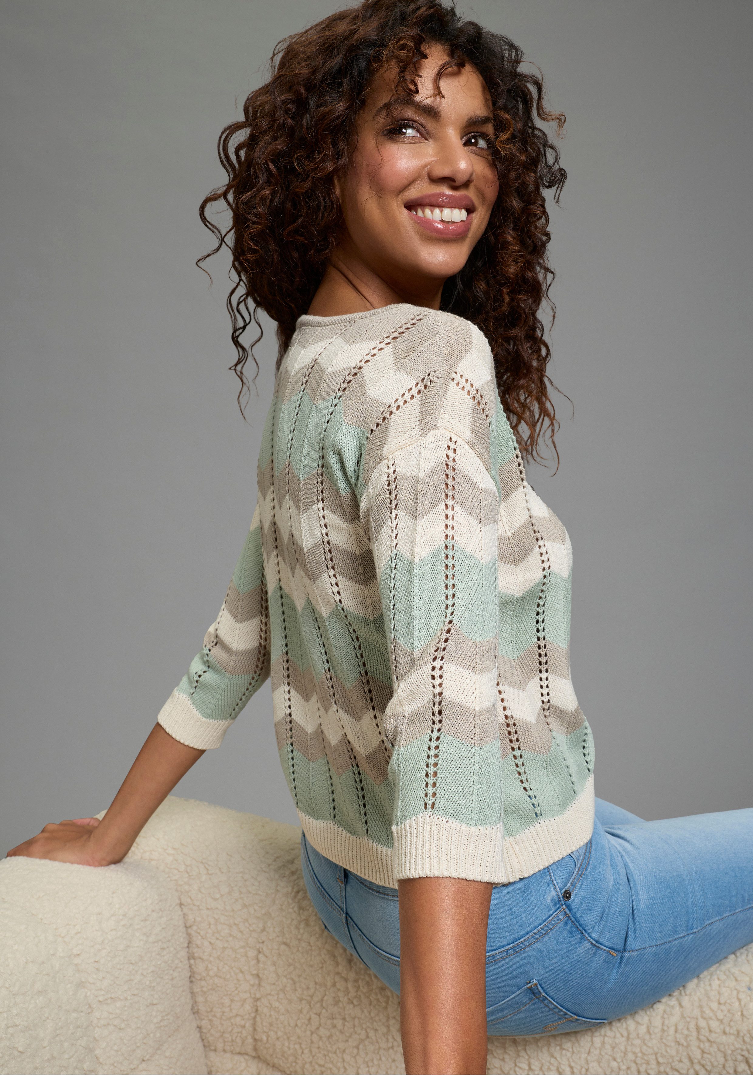 Laura Scott Strickpullover leichter Übergangspullover mit Ajourmuster und 3/4 Ärmeln