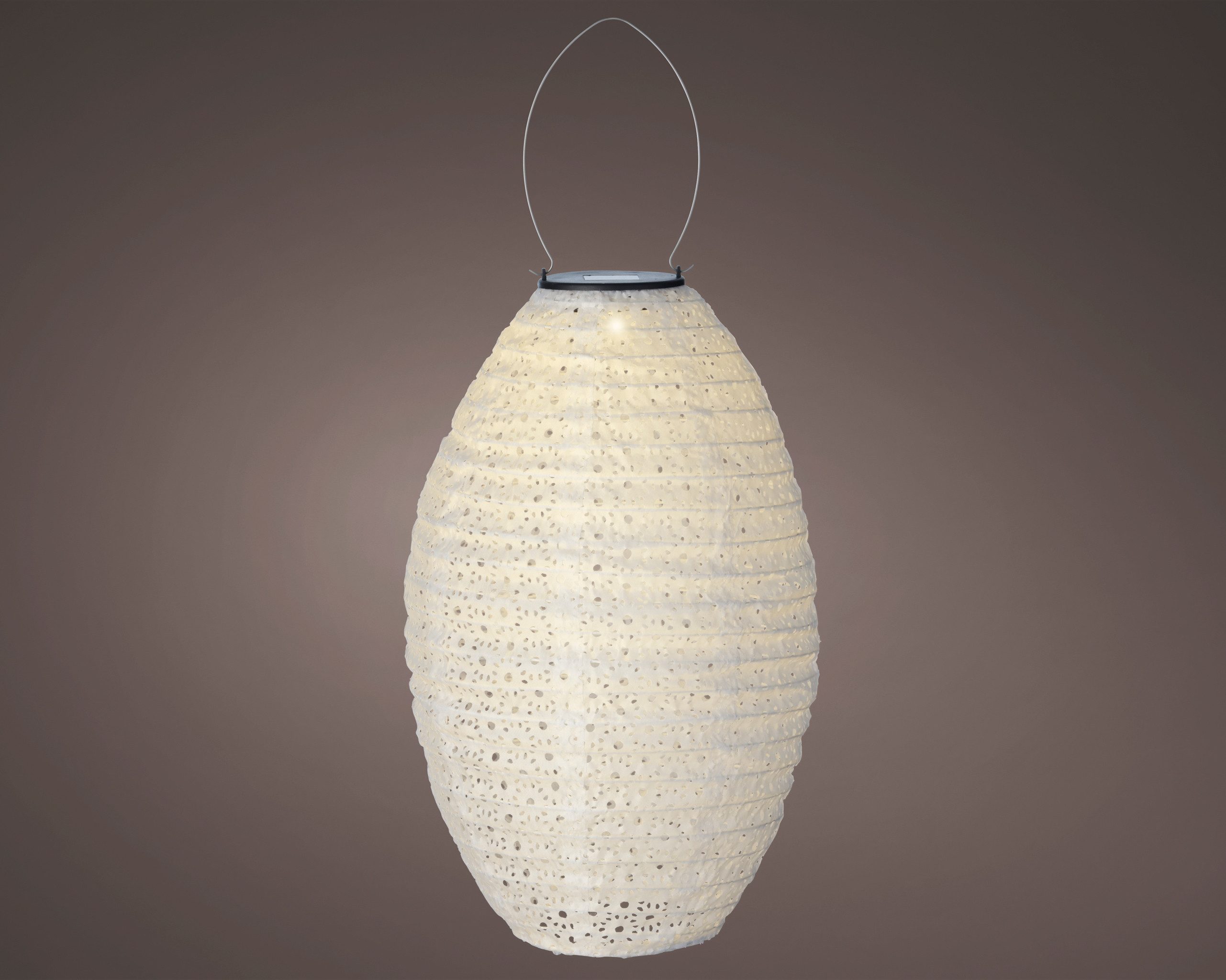 Lumineo LED Laterne, Dauerlicht, warmweiß, Solar LED Laterne 23x38cm Nylon Ornament Perforation Weiß / Warmweiß