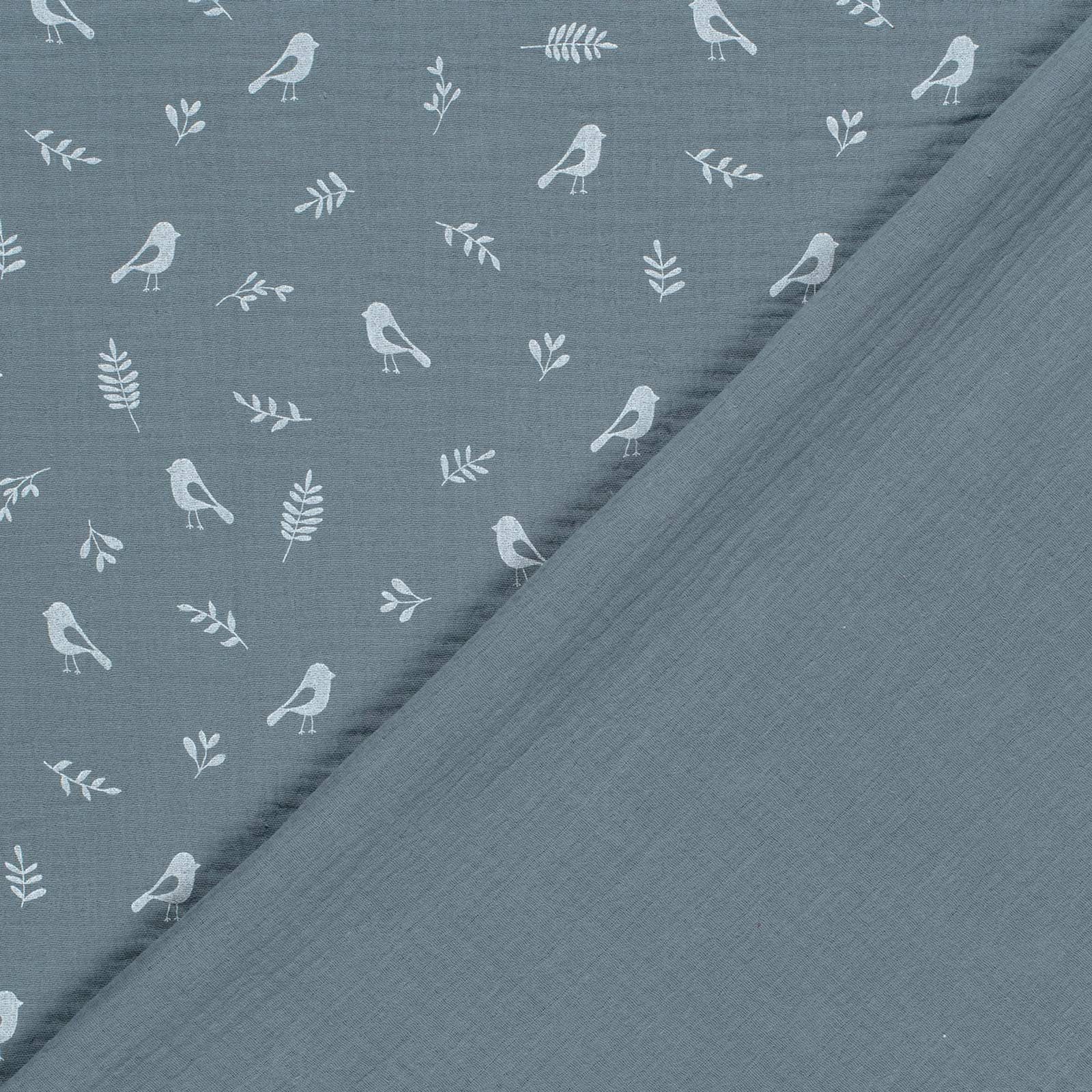 maDDma Stoff Musselin-Stoff bedruckte Vögel ab 50x130cm uni Mulltuch, 106 - graublau
