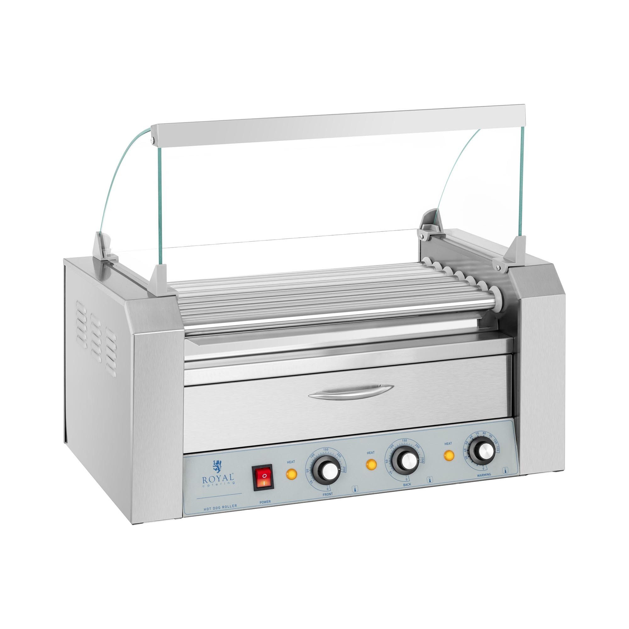 Royal Catering Elektrogrill Hot Dog Grill 7 Rollen 12 Würstchen Rollengrill Würstchengrill 2 Zonen, 1500 W, verschiedene Größen