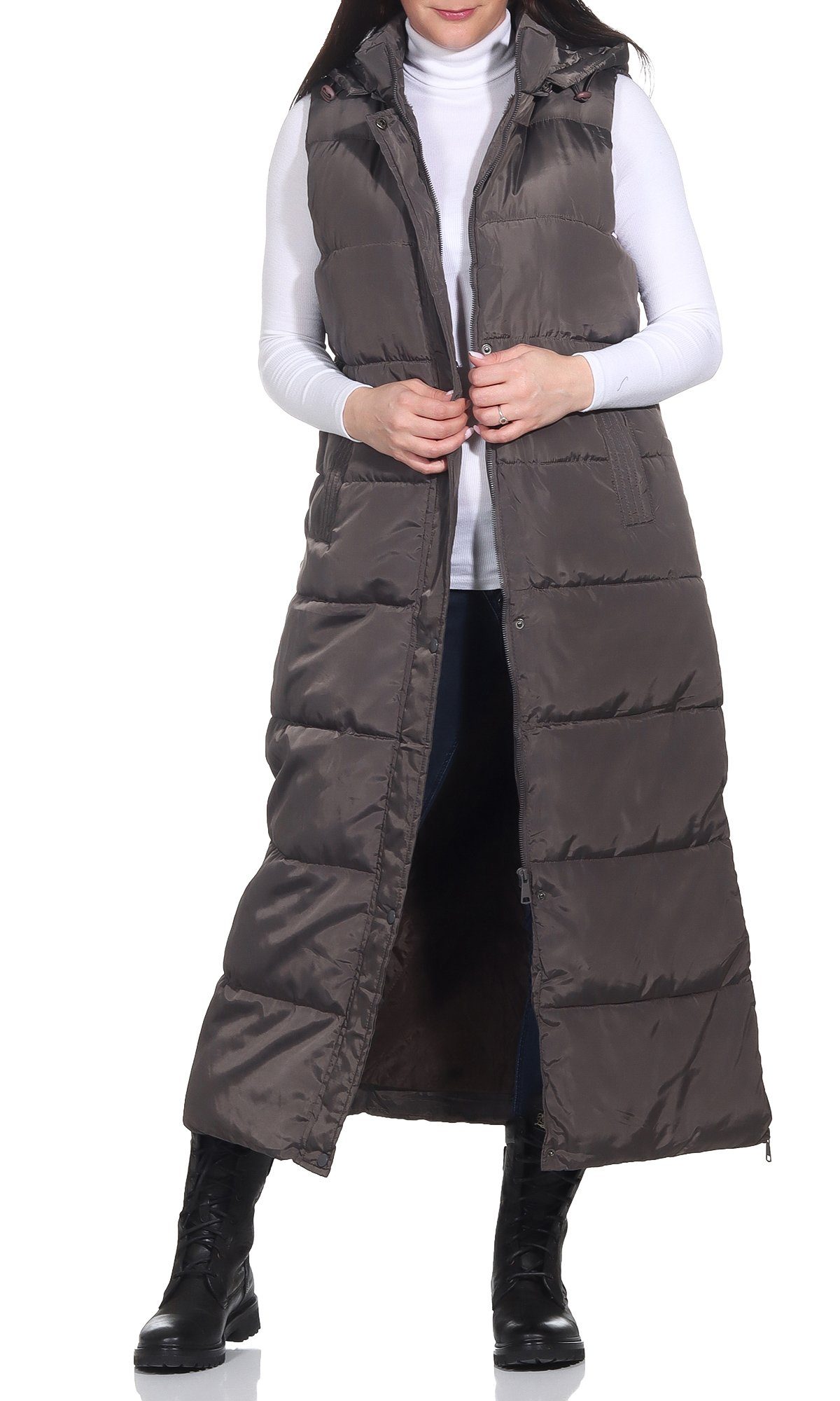 Aurela Damenmode Longweste Damen Steppweste Lange Weste gefüttert (1-tlg) i günstig online kaufen