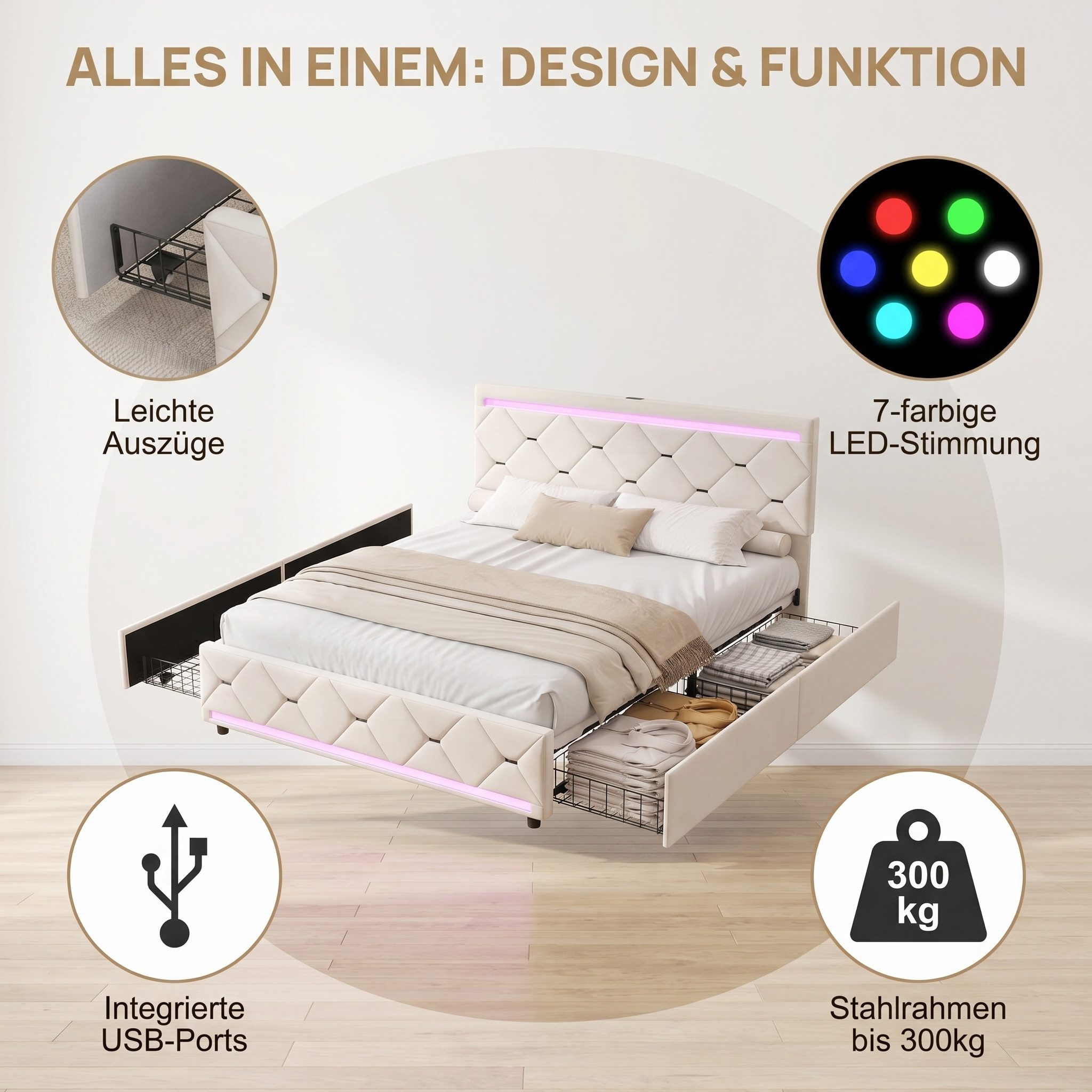 Simurq Polsterbett Bettgestell Doppelbett 160x200 mit 4 Schubladen,300 kg Belastung (Set, 1-tlg) (LED Polsterbett 160x200 mit Lattenrost, ohne Matratze), Bettrahmen mit LED RGB Kopf- & Fußteil, integrierte USB-Anschlüsse