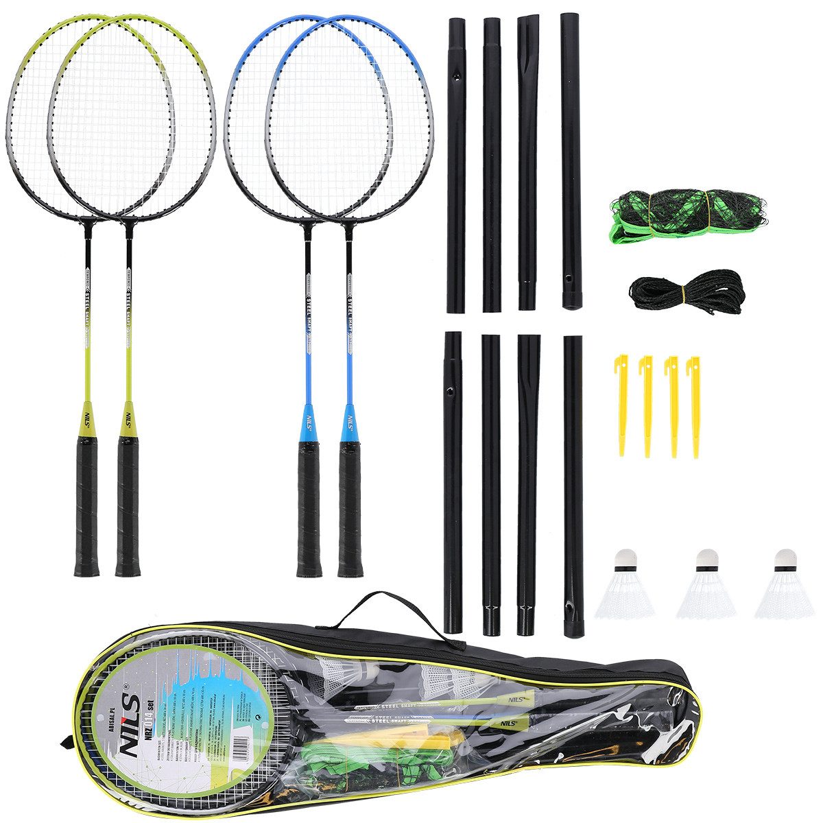 Nils Badmintonschläger NRZ014 Badminton Set mit 4 Schlägern Netz und Federbällen