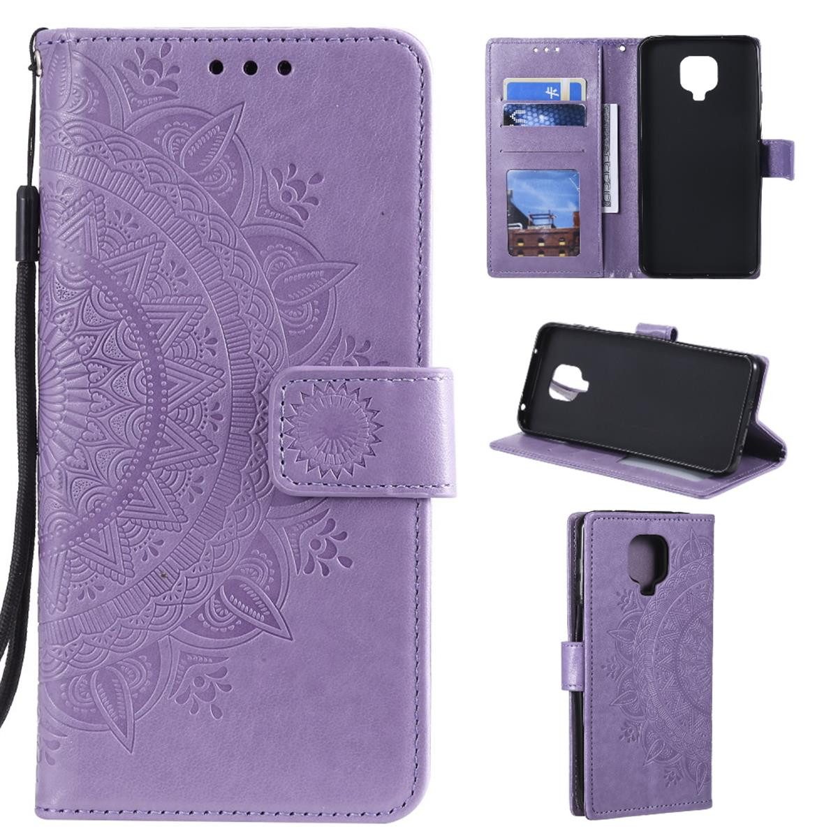 CoverKingz Handyhülle Xiaomi Redmi Note 9 Pro Handy Hülle Flip Case Cover Etui Mandala Lila, Klapphülle Schutzhülle mit Kartenfach Schutztasche Motiv Mandala