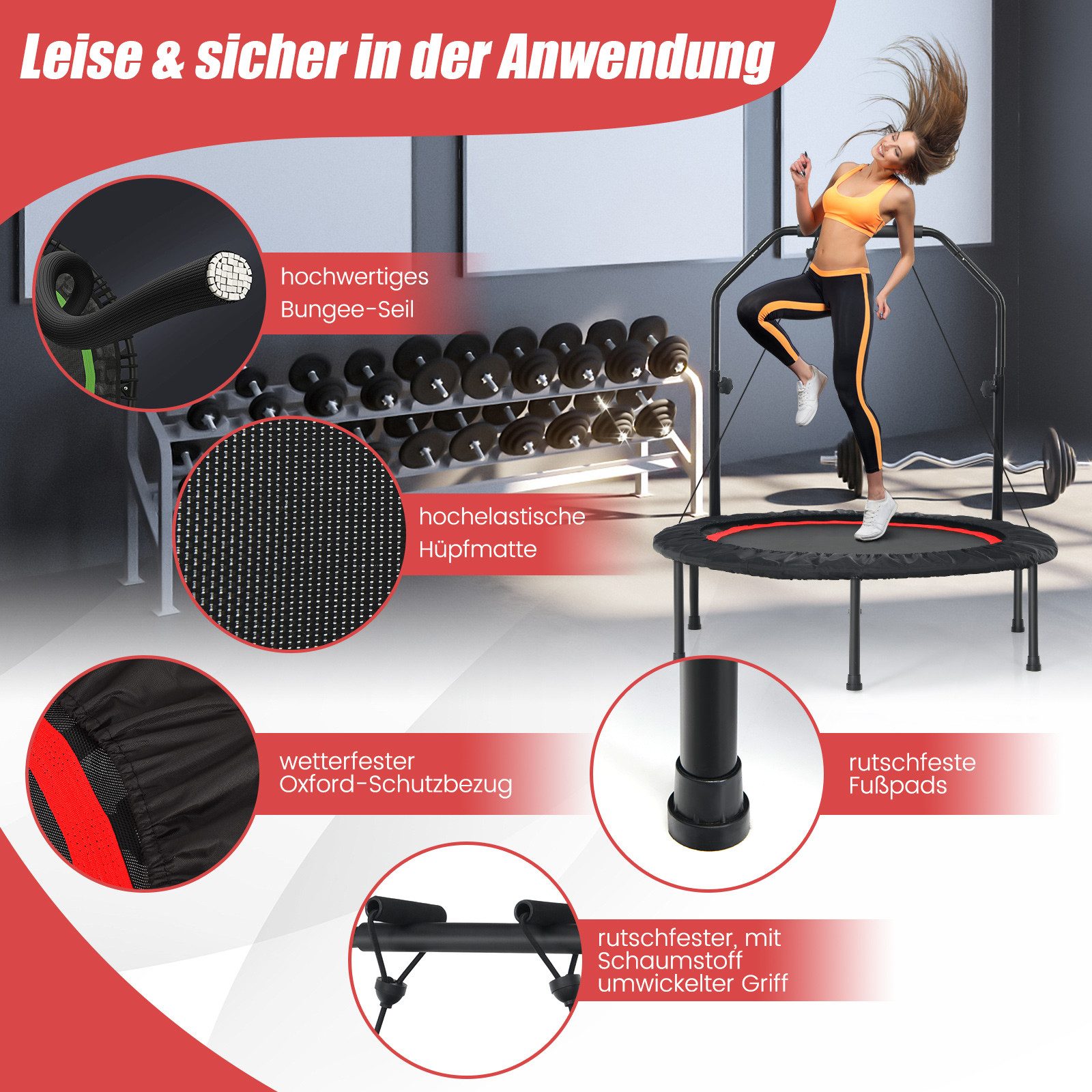 COSTWAY Fitnesstrampolin Ø101cm, höhenverstellbarer Haltegriff & 2 Widerstandsbändern