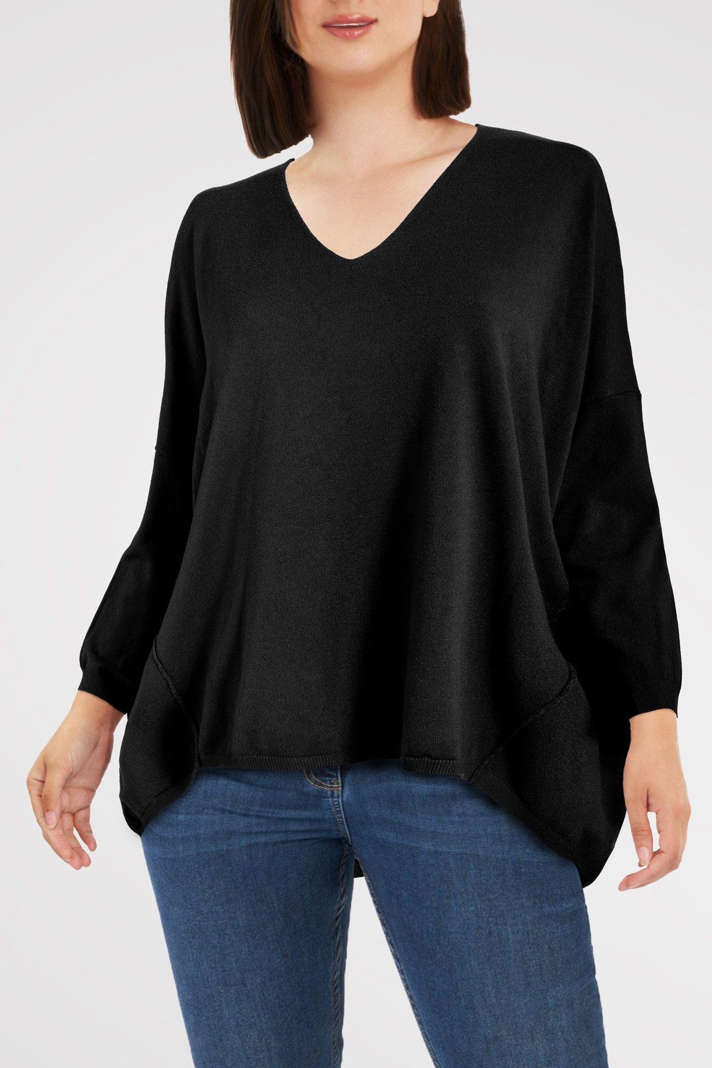 Strickpullover Damen Strickshirt Feinstrickpullover mit V-Ausschnitt Oversized (1-tlg) langarm PEKIVESSA schwarz