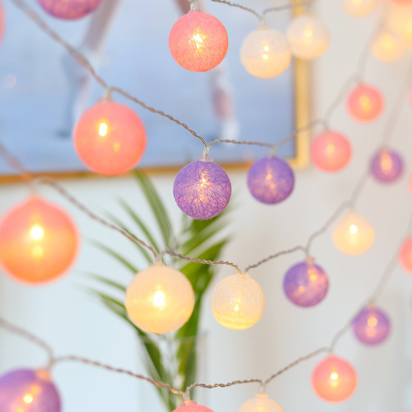 Rosnek LED-Lichterkette Multicolor Baumwollkugeln, batterie, für Weihnachtsbäume Schlafzimmer, 10/20 LEDs, Party Hochzeit Festival Deko Multicolor (Lila Serie)