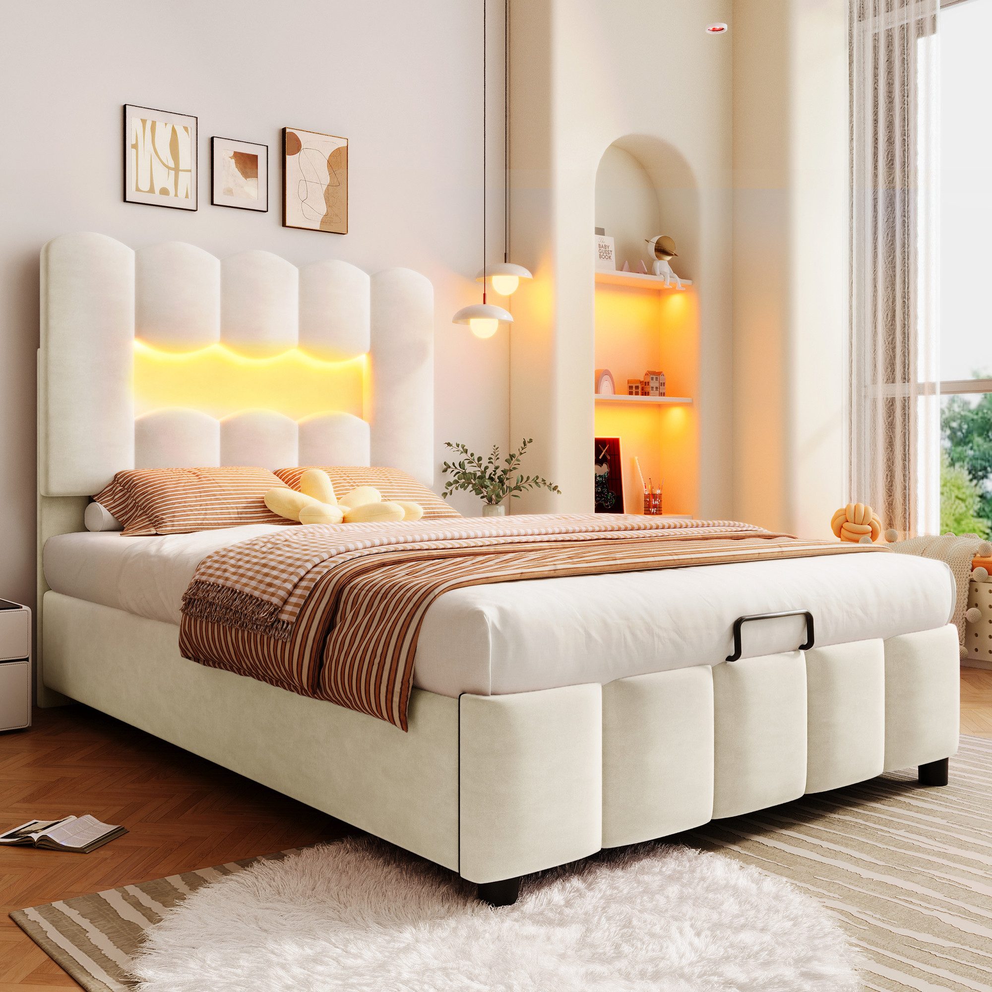 Merax Polsterbett 90x200cm mit LED-Beleuchtung (1-tlg., Jugendbett Gästebet günstig online kaufen