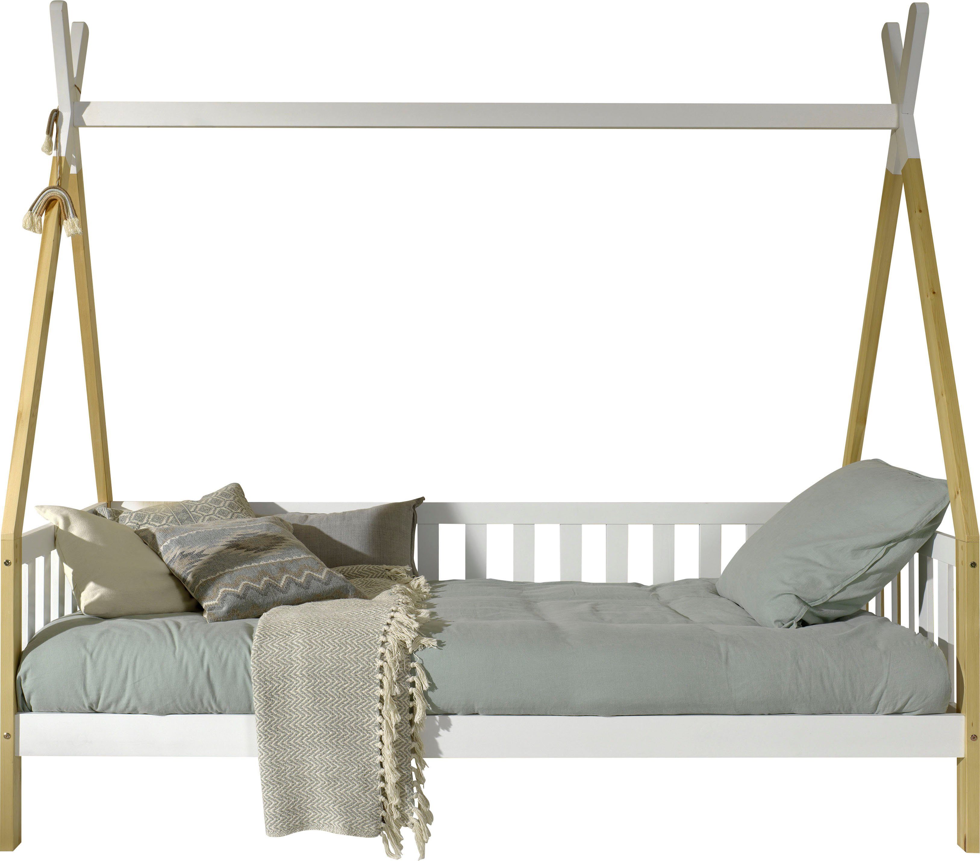 Vipack Kinderbett Tipi, mit Querstange in Zelt-Optik, Kiefer massiv (B/H/T ca. 206x185,1x96cm, seitliche Sprossenumrandung), inklusive Rolllattenrost und wahlweise mit Bettschublade