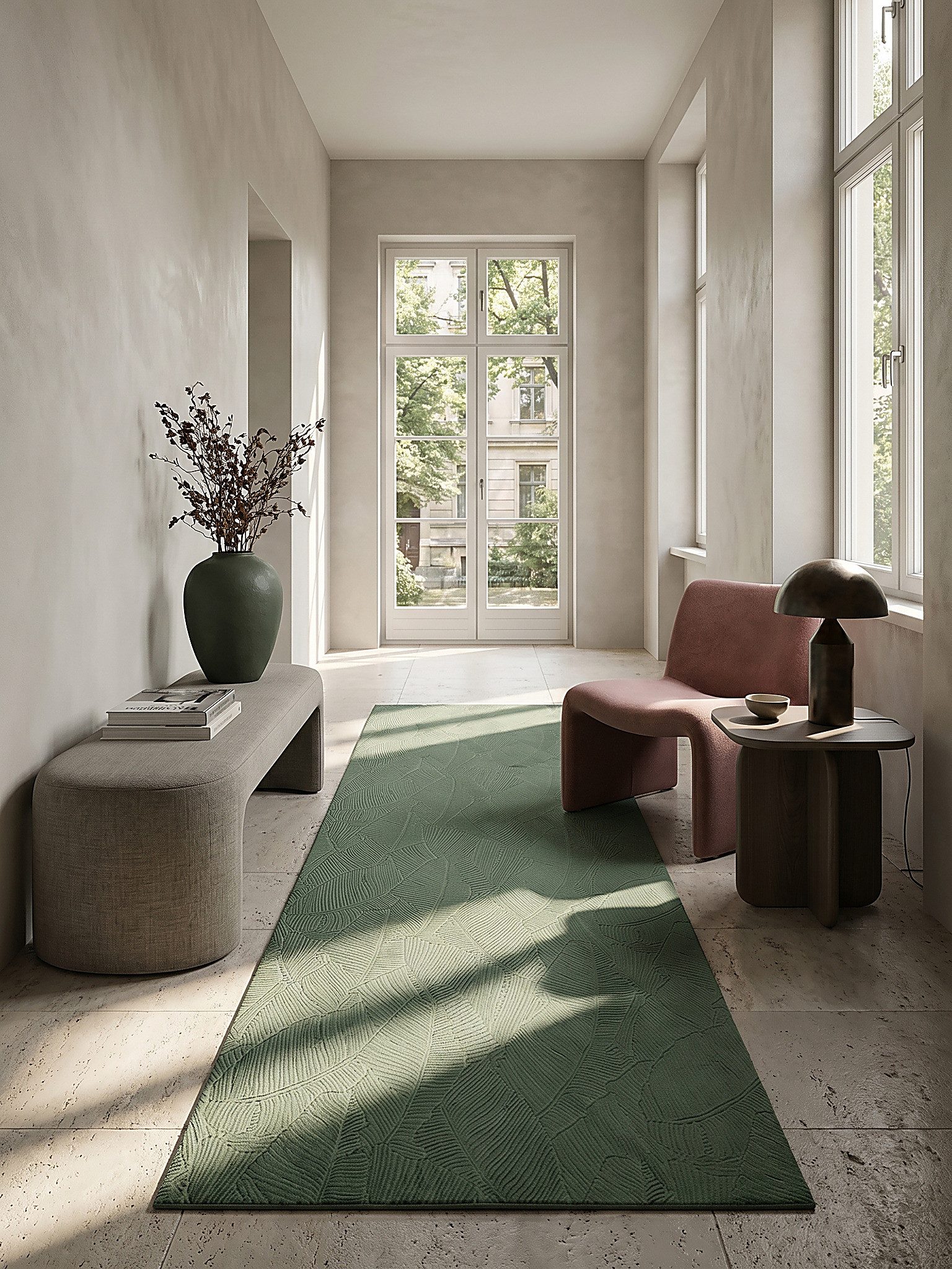 KADIMA DESIGN Teppich DALAR Waldgrün Teppichläufer 80x150 Abstrakt Polypropylen Antirutsch, Läufer, Höhe: 9 mm, Saugroboter-geeignet, Strapazierfähig, Farbecht, – Bild 3 von 5