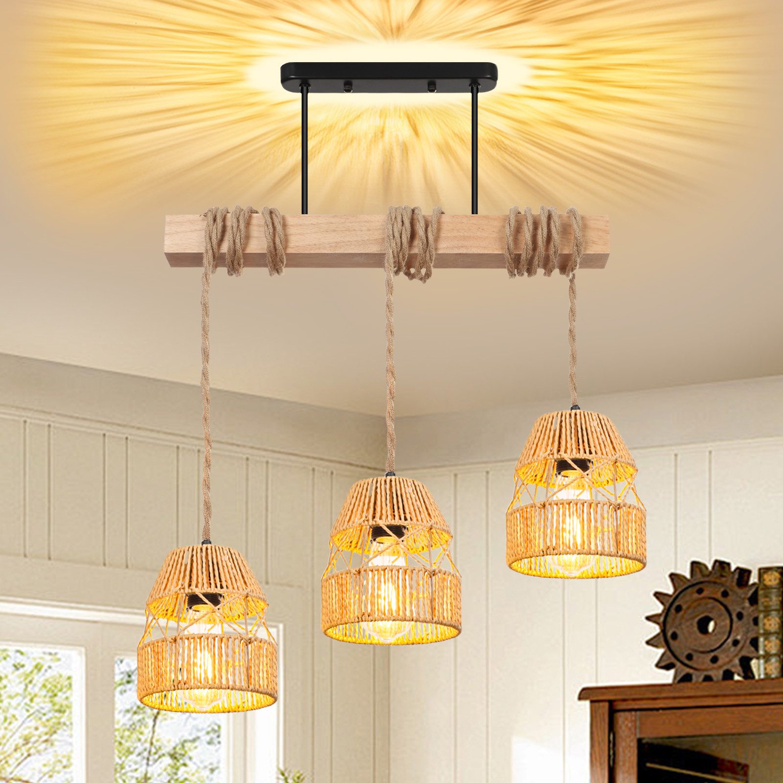 Rosnek Hängeleuchten 3-flammige Rattan Pendelleuchte 40 W – Höhenverstellbar, E27 Lampe, Halogen, Farmhouse Kronleuchter für Kücheninsel, Esszimmer oder Wohnbereich