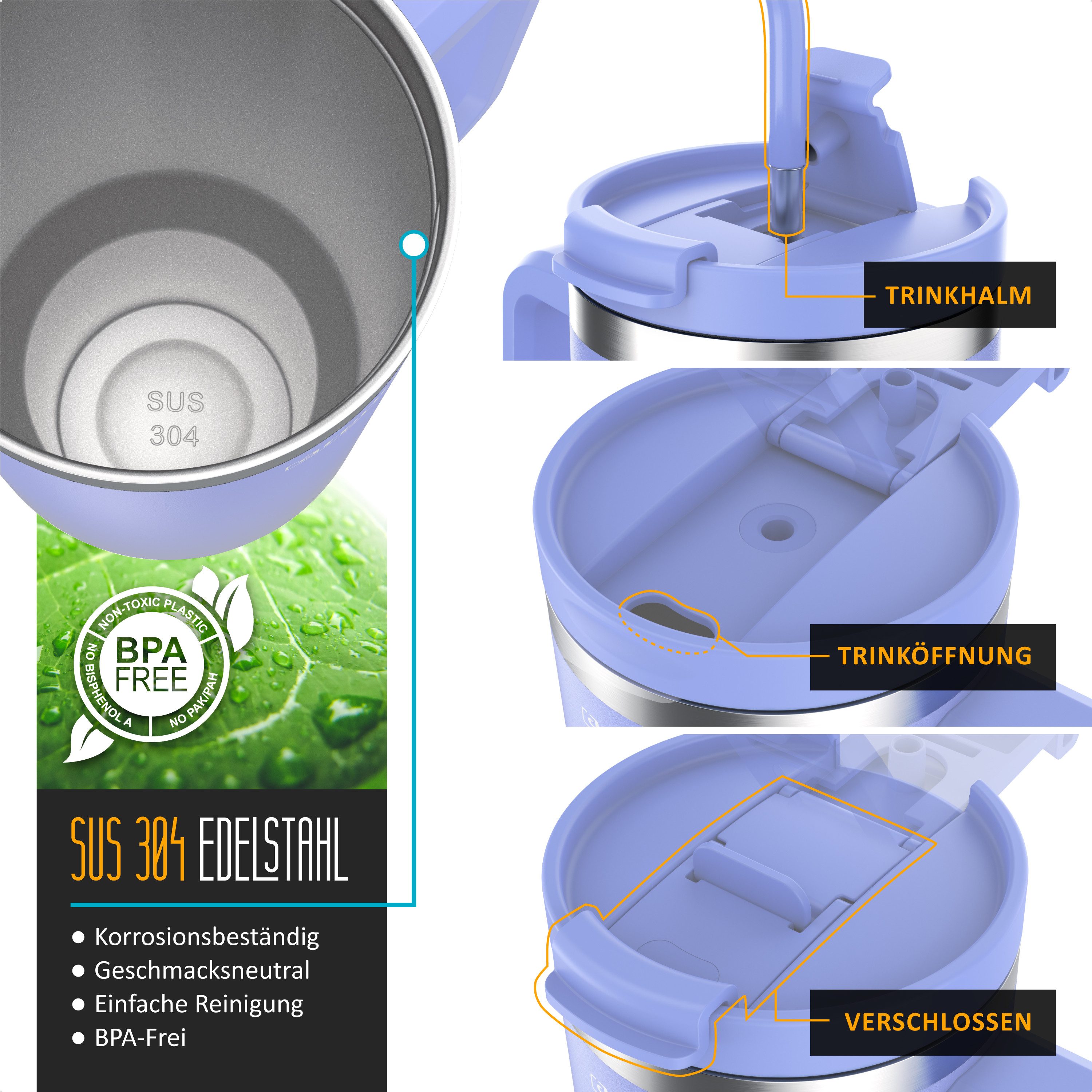Arendo Thermobecher Tumbler 1200 ml, Becher mit Deckel, Henkel und Strohhalm, Thermal Mug, 1-tlg., Edelstahl, kohlensäuregeeignet, auslaufsicher, doppelwandig,  – Bild 3 von 5