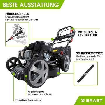 BRAST Benzinrasenmäher mit Antrieb 5,2kW(7PS) 4 Takt OHV Motor TÜV geprüft, 46 cm Schnittbreite, 30-80mm Schnitthöhe, 60L Fangkorb, Stahlgehäuse, 18224