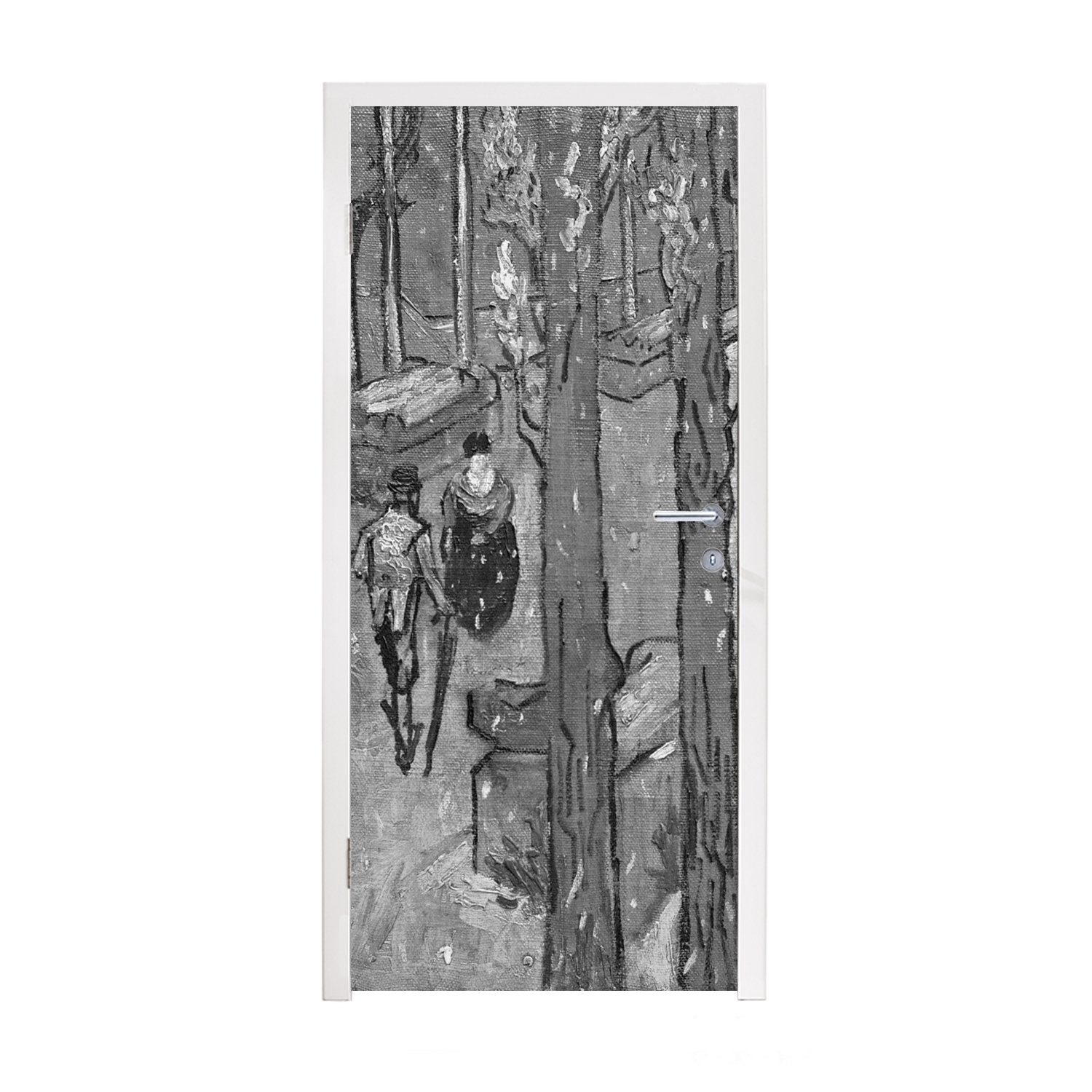 MuchoWow Türtapete Fallende Blätter in Schwarz und Weiß - Vincent van Gogh - Schwarz und, Matt, bedruckt, (1 St), Fototapete für Tür, Türaufkleber, 75x205 cm