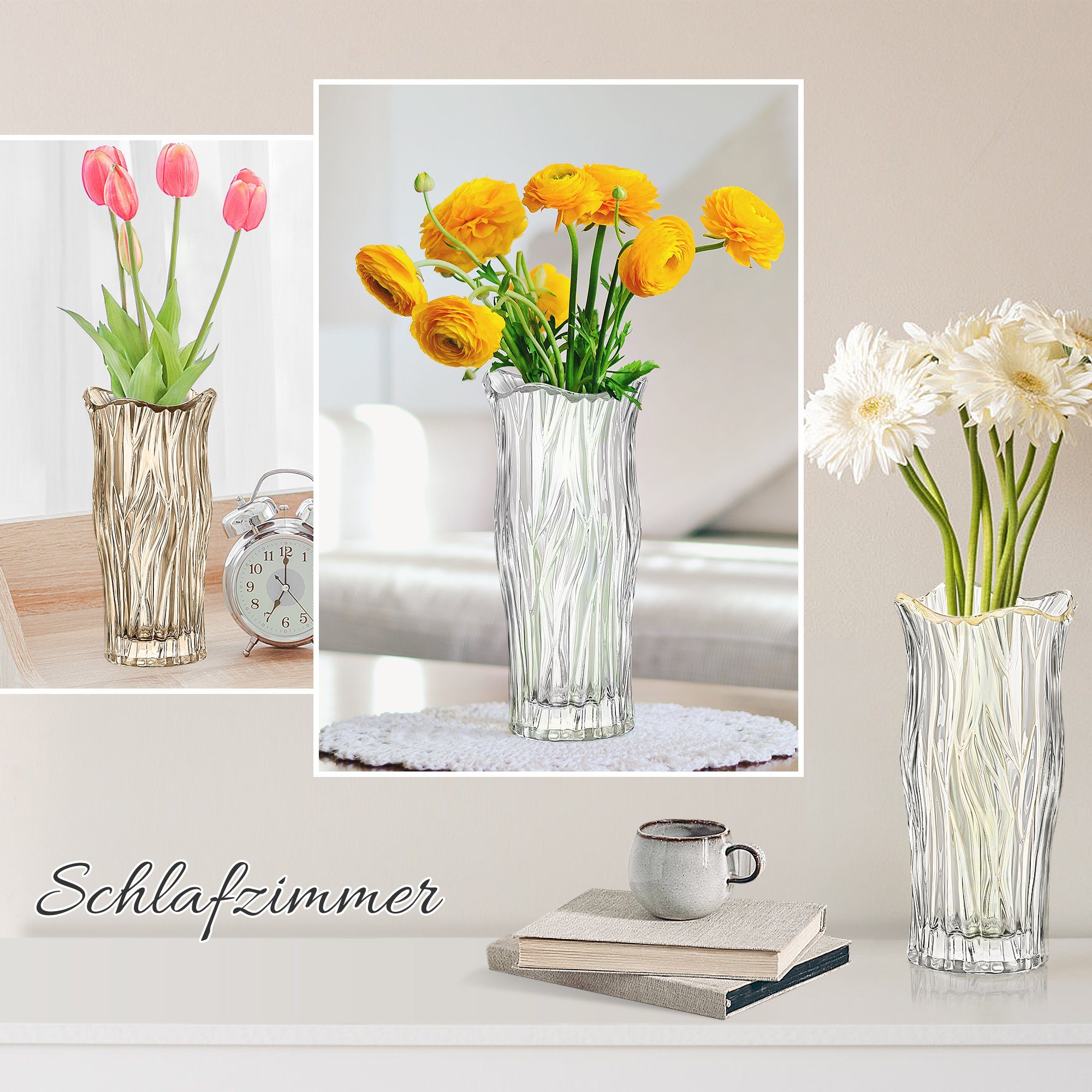 Homewit Tischvase Klare Kristall Transparent dekorative Blumenvase Glasvase floraler
