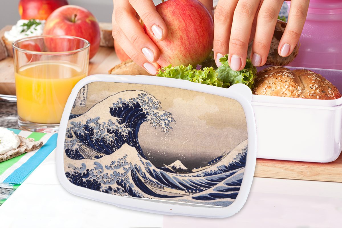 MuchoWow Lunchbox Brotdose, für von Mädchen Erwachsene, Hokusai, - (2-tlg), Gemälde Kinder weiß Kluft für Kunststoff, und von Brotbox und Kanagawa große Katsushika Jungs Die