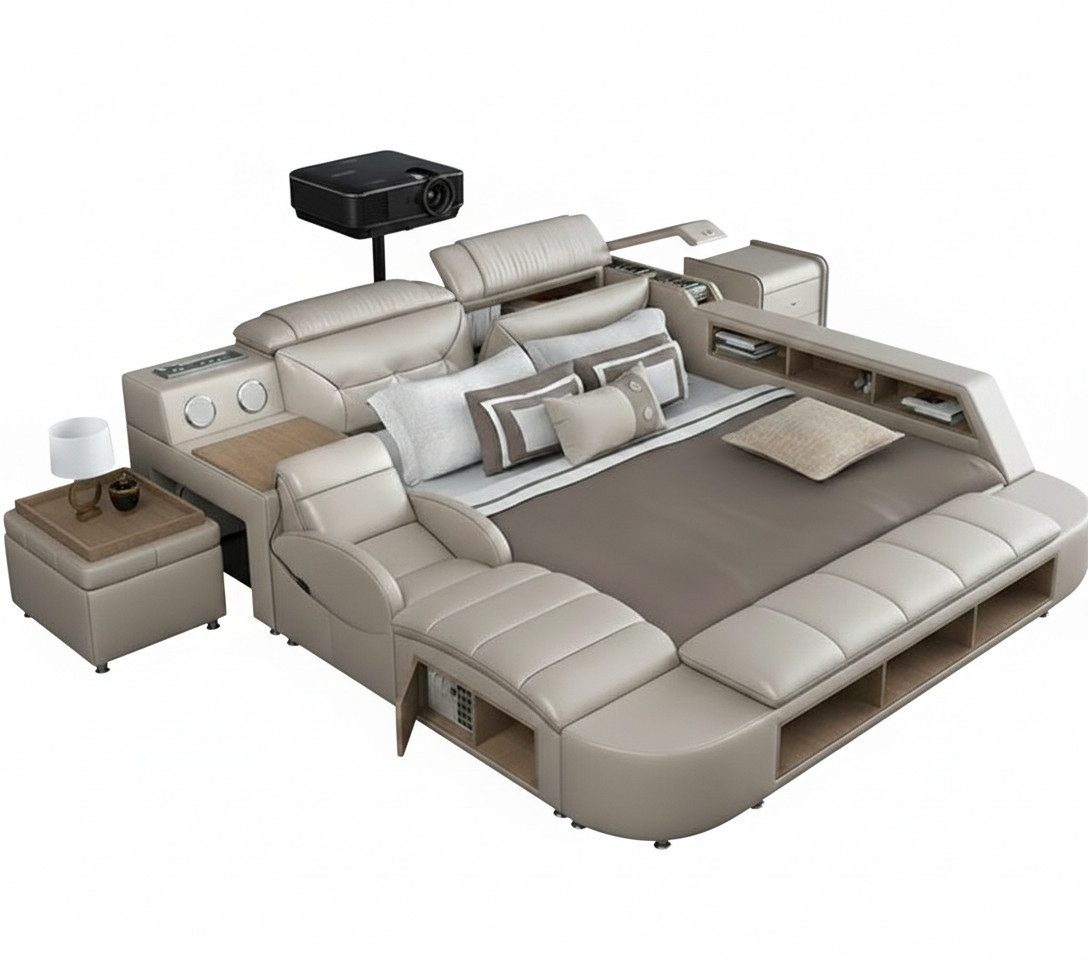 JVmoebel Multimediabett Multifunktionales Bett Moderner Stil Weiß Holzrahmen Bequem Weich (2-tlg)