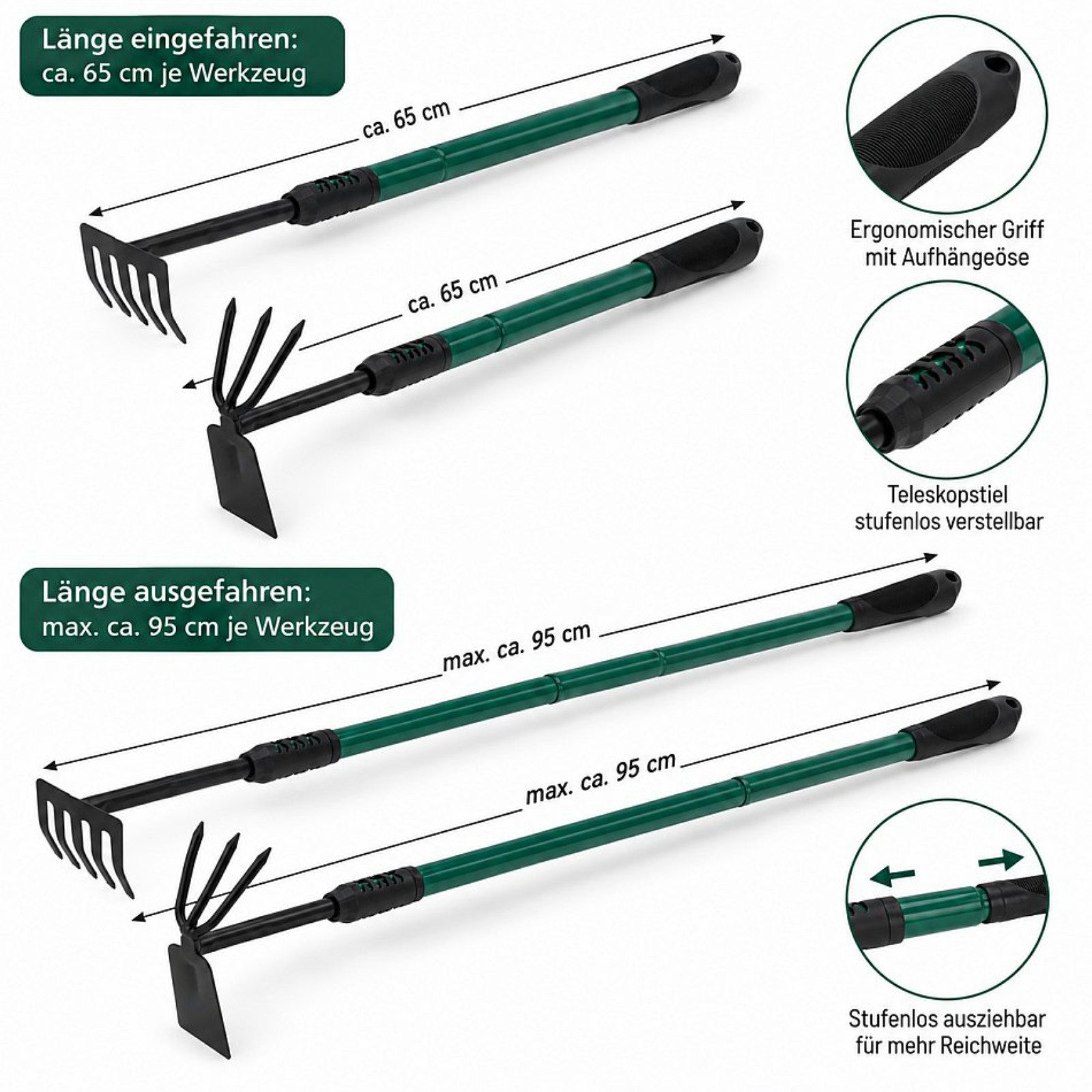 Koopman Gartenhacke Gartenwerkzeuge Gartenrechen Gartenharke 2tlg, Set, Packung, Ausziehbar, 65-95cm, Teleskopstiel, Tools