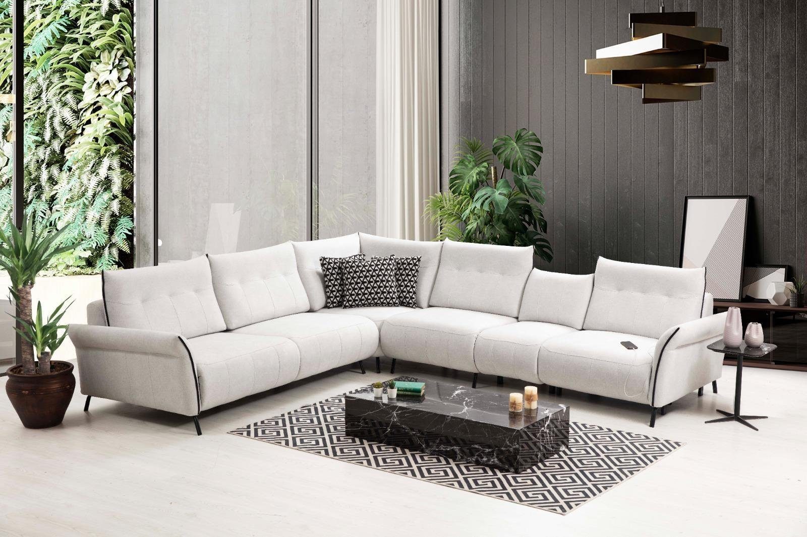 Teile, 3 Wohnzimmer Polster Weiß in Made L-Form Möbel, Ecksofa Couch Textil Sofa Ecksofa Europa Modern JVmoebel