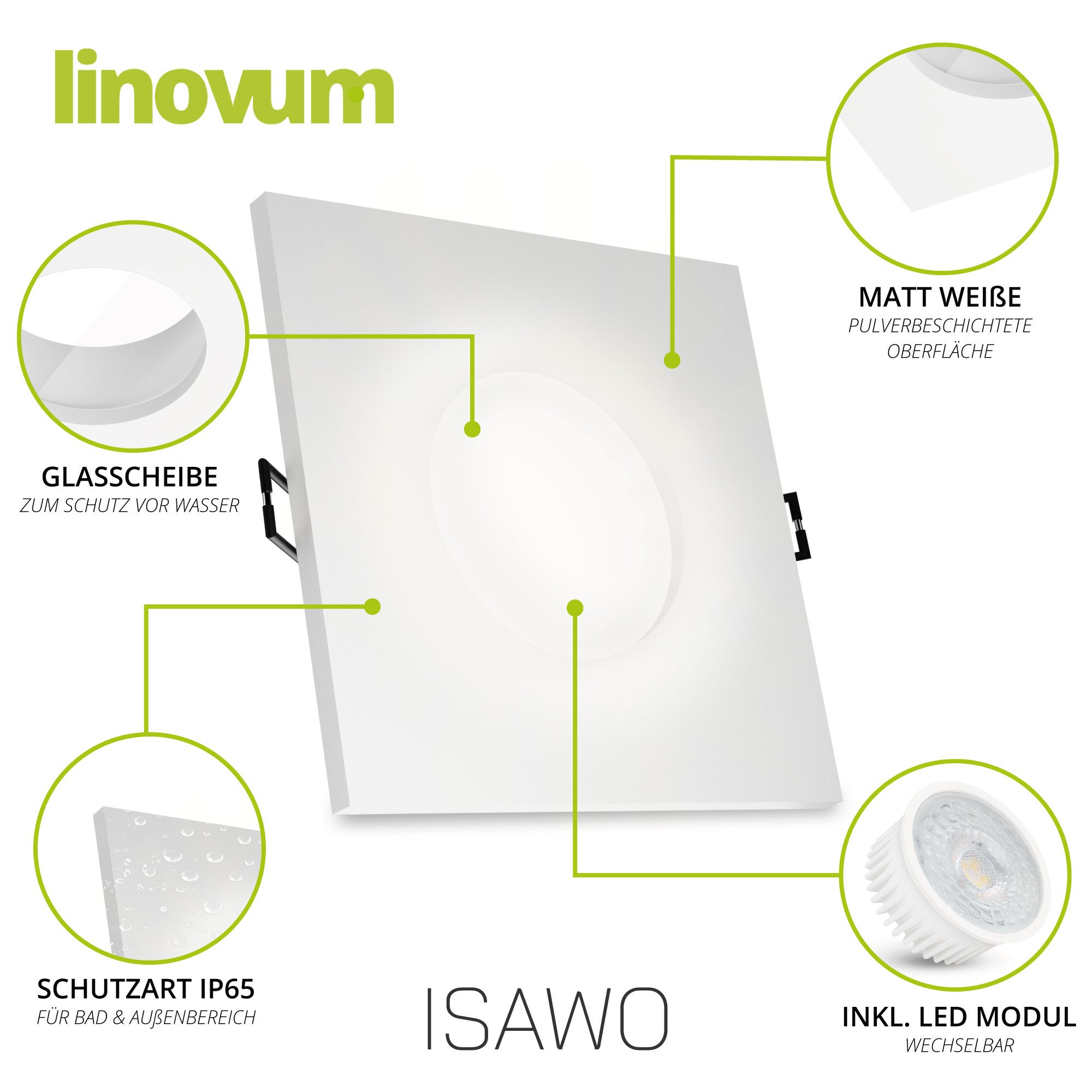 linovum LED Außen-Deckenleuchte ISAWO Einbau Deckenstrahler IP65 weiß mit LED Lampe neutral Deckenspot, Neutralweiß