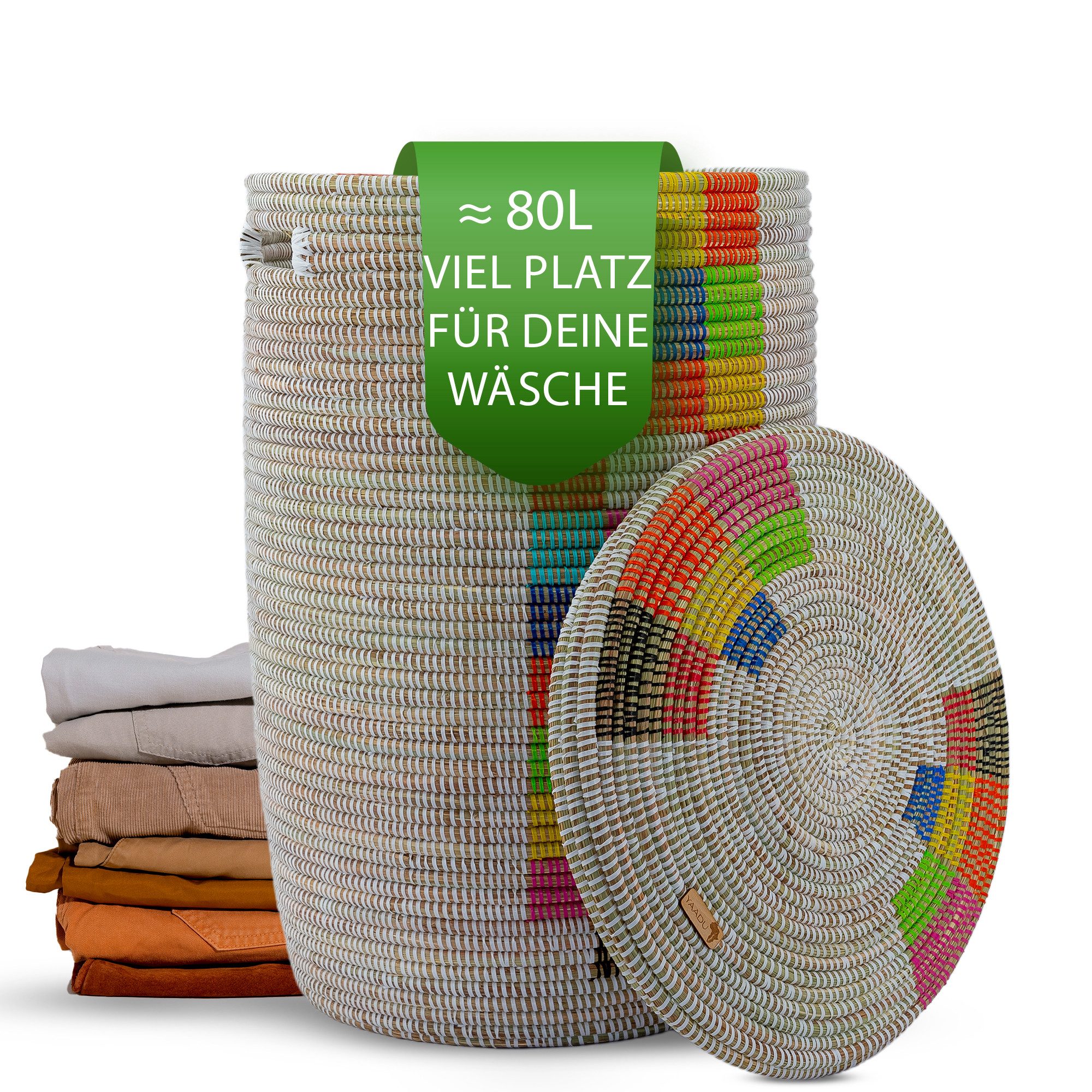 YAADU Wäschekorb mit flachem Deckel 80L – Wäschesammler, Wäschetruhe, Aufbewahrungskorb, Handgefertigt in Afrika aus traditioneller Flechtkunst