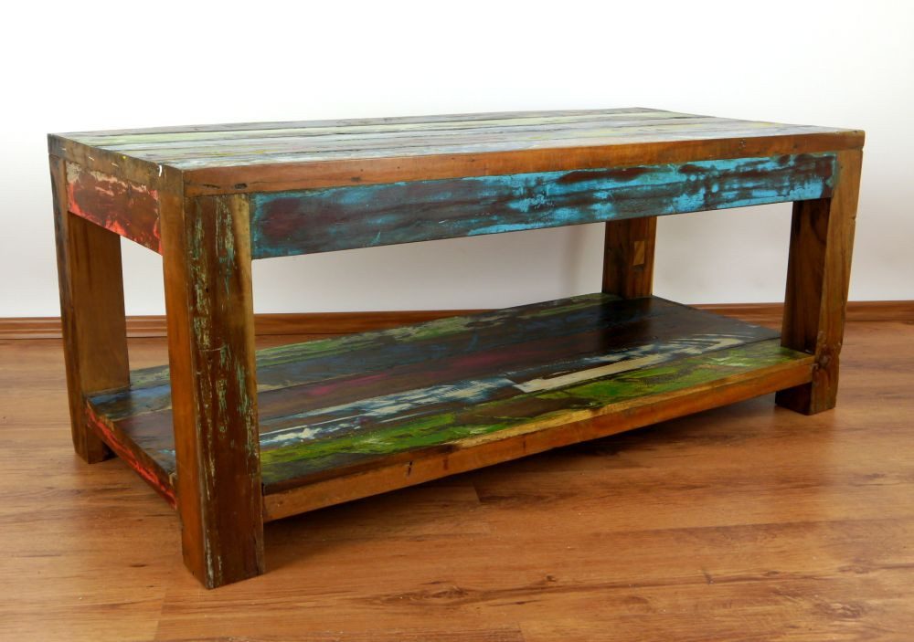 livasia Couchtisch mit Ablage - 100x50x45cm - recyceltes Bootsholz, Shabby Chic, handgefertigt