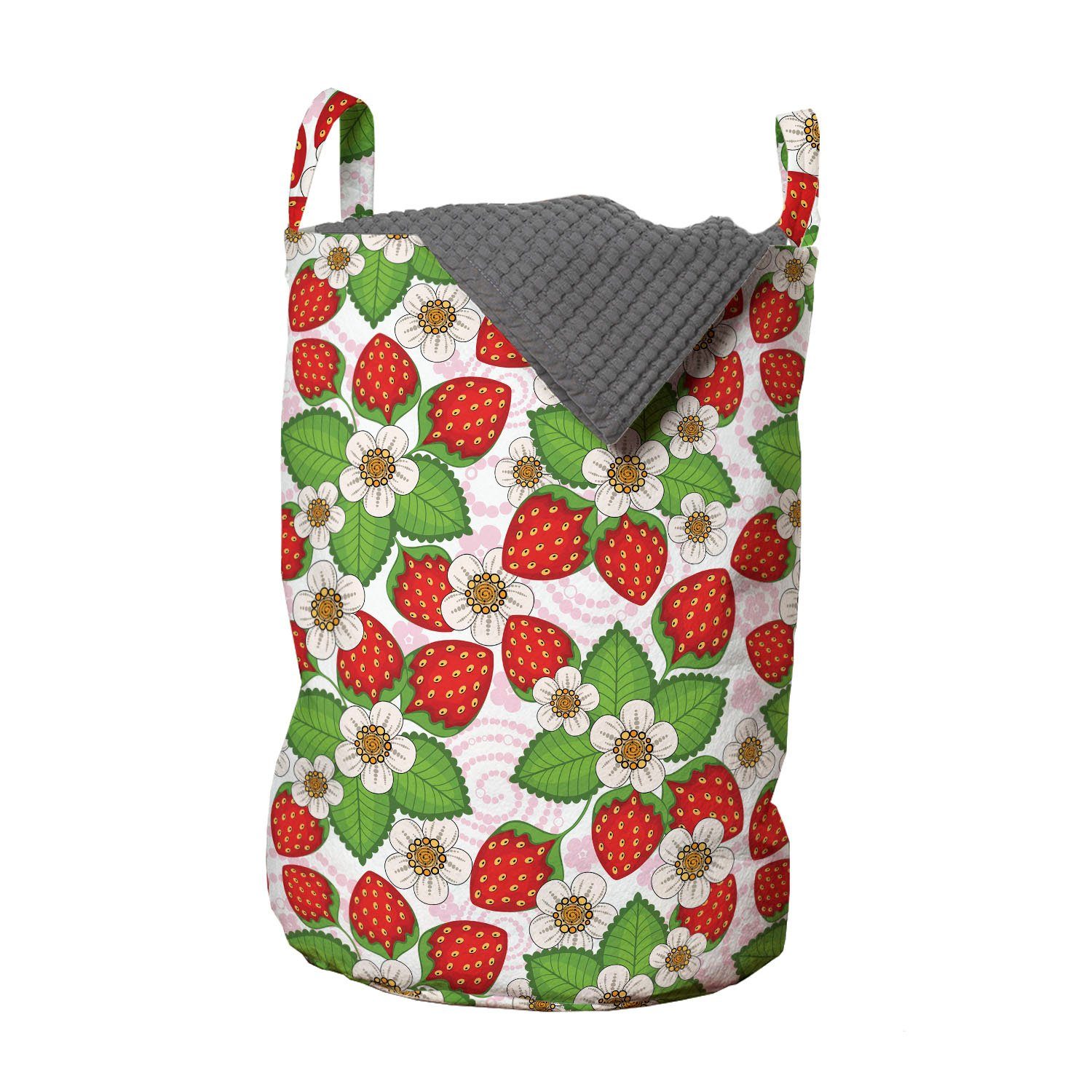 Abakuhaus Wäschesäckchen Wäschekorb mit Griffen Kordelzugverschluss für Waschsalons, Frühling Floral Strawberry Szene | Wäschesäcke
