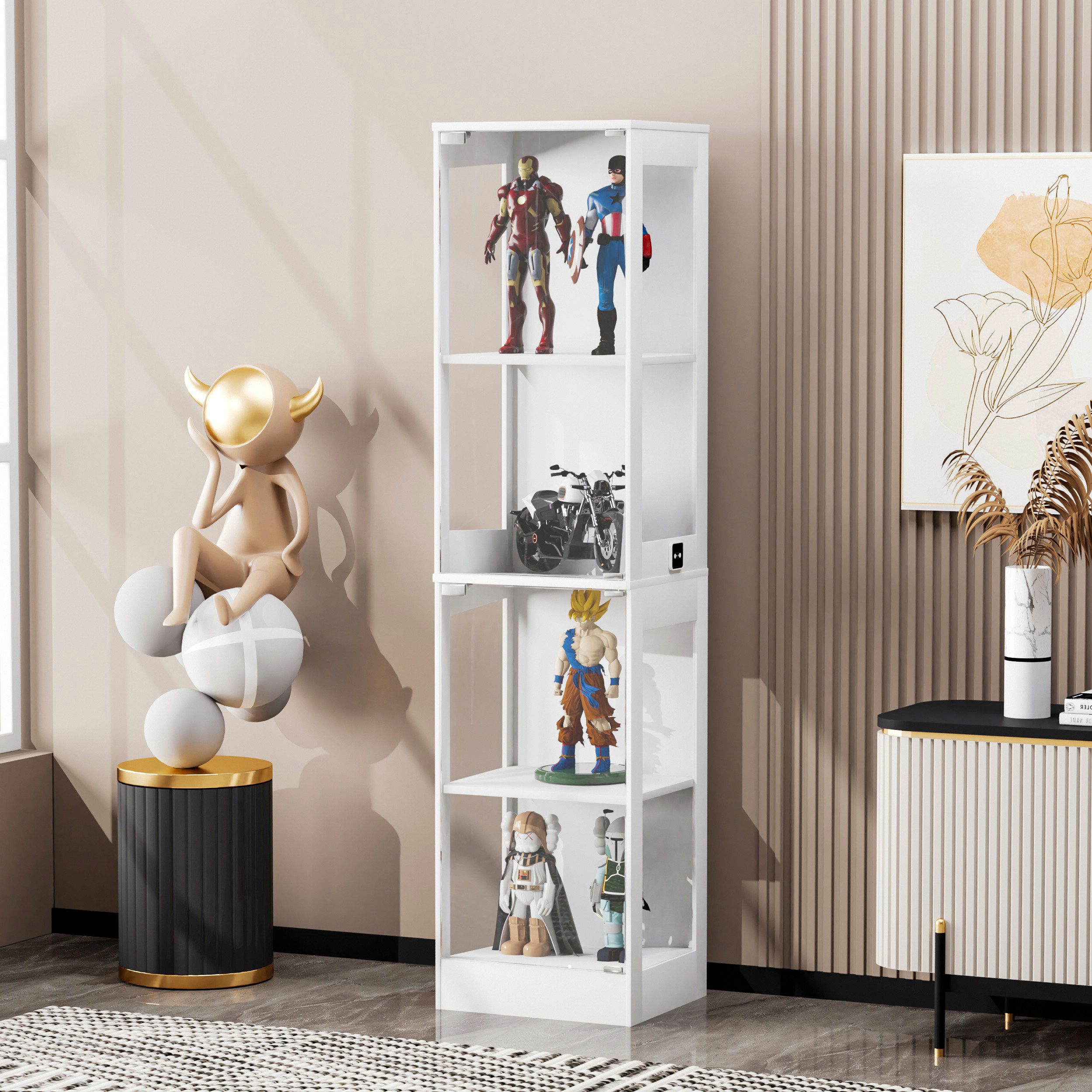 HAUSS SPOLE Vitrine mit LED-Beleuchtung,Glasvitrine Highboard Stauraum & Glastüren,Weiß (Ausstellungsschrank mit intelligente Bewegungssensorsystem, für Wohnzimmer, Schlafzimmer und Büros) sanfter Druck öffnet Glastüren