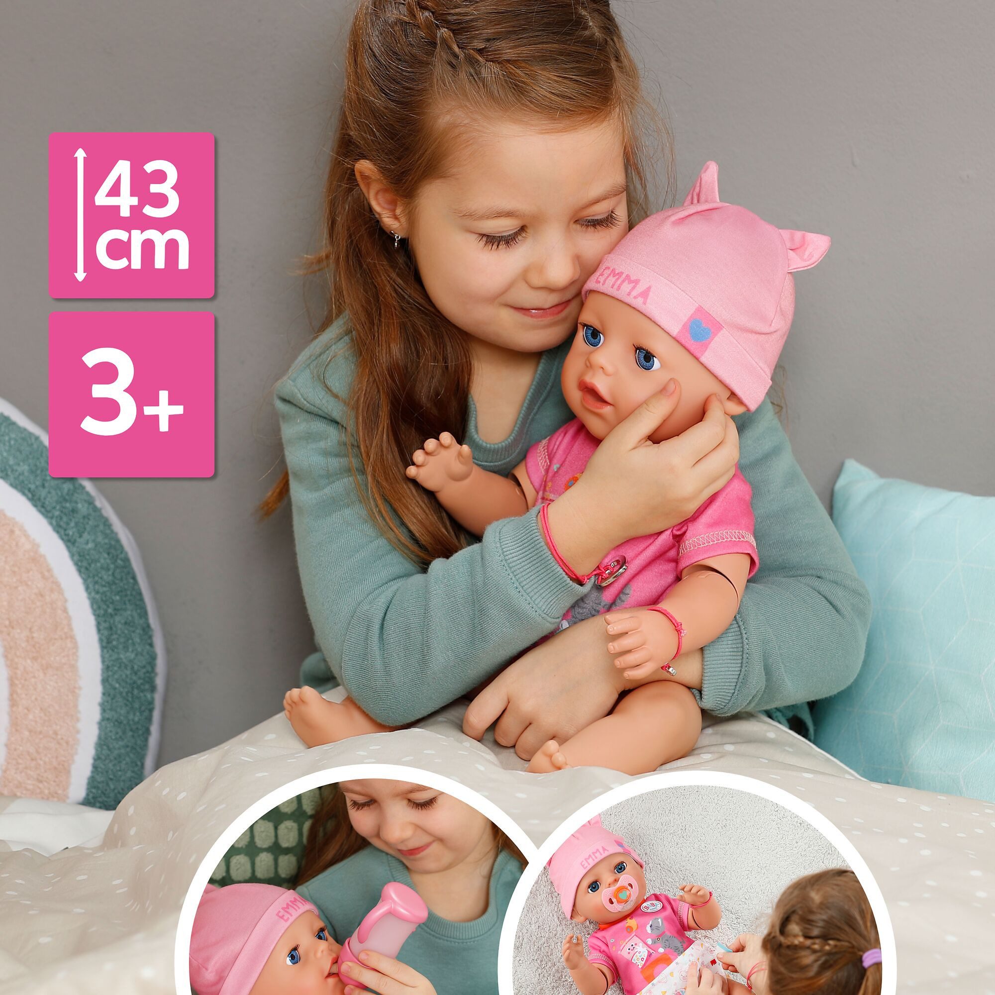 Baby Born Babypuppe Emma Click & Play 43cm, mit Click-&-Play: Hält Fläschchen und Löffel selbst - ohne Batterien – Bild 2 von 5