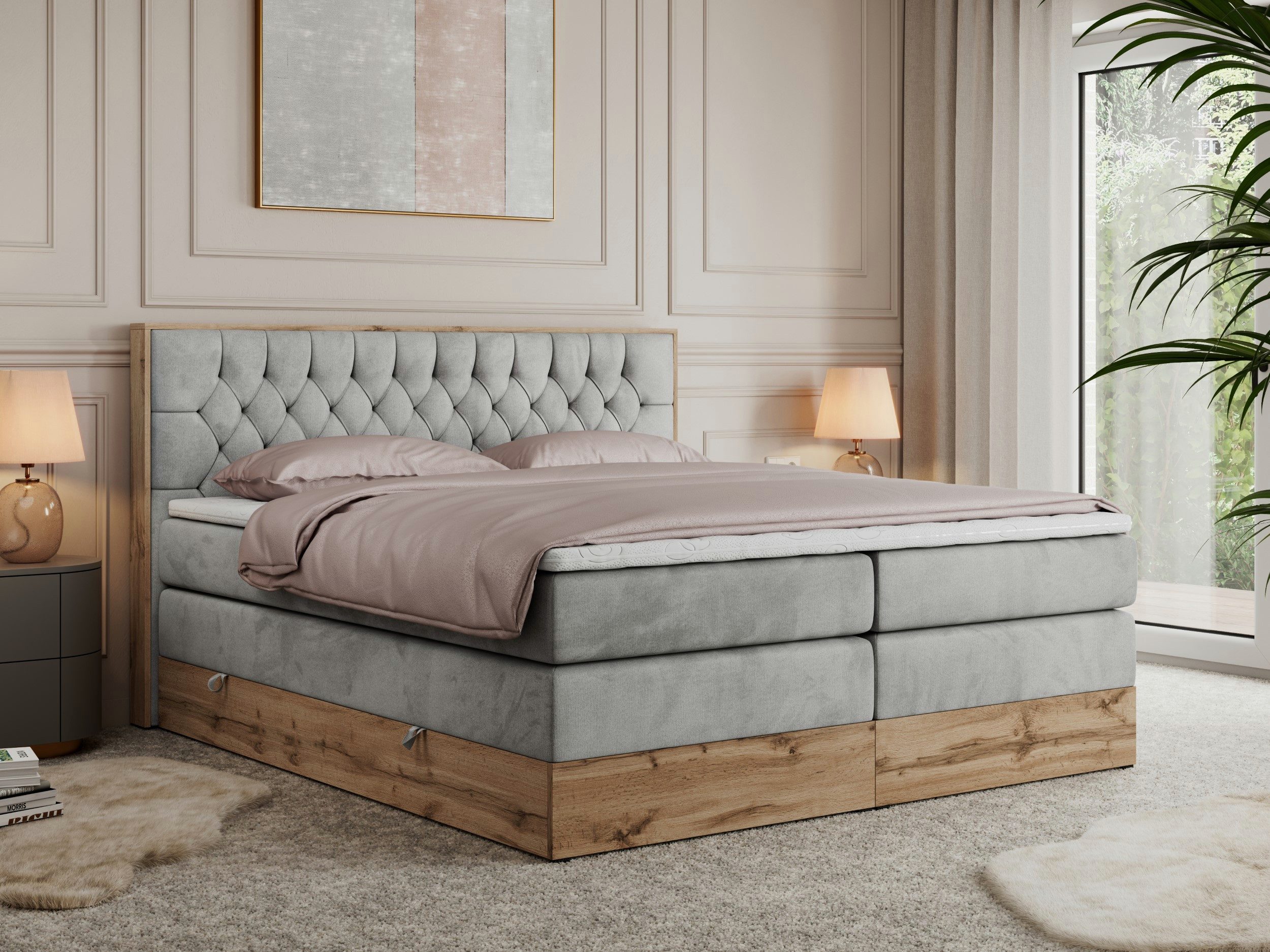 MKS MÖBEL Boxspringbett AMORE KING (Set, T30-Schaum, Topper T-25, fünf Matratzen, zwei Bettkästen), mit Multipocket Matratzen, Boxspringbett, mit Möbelplatten