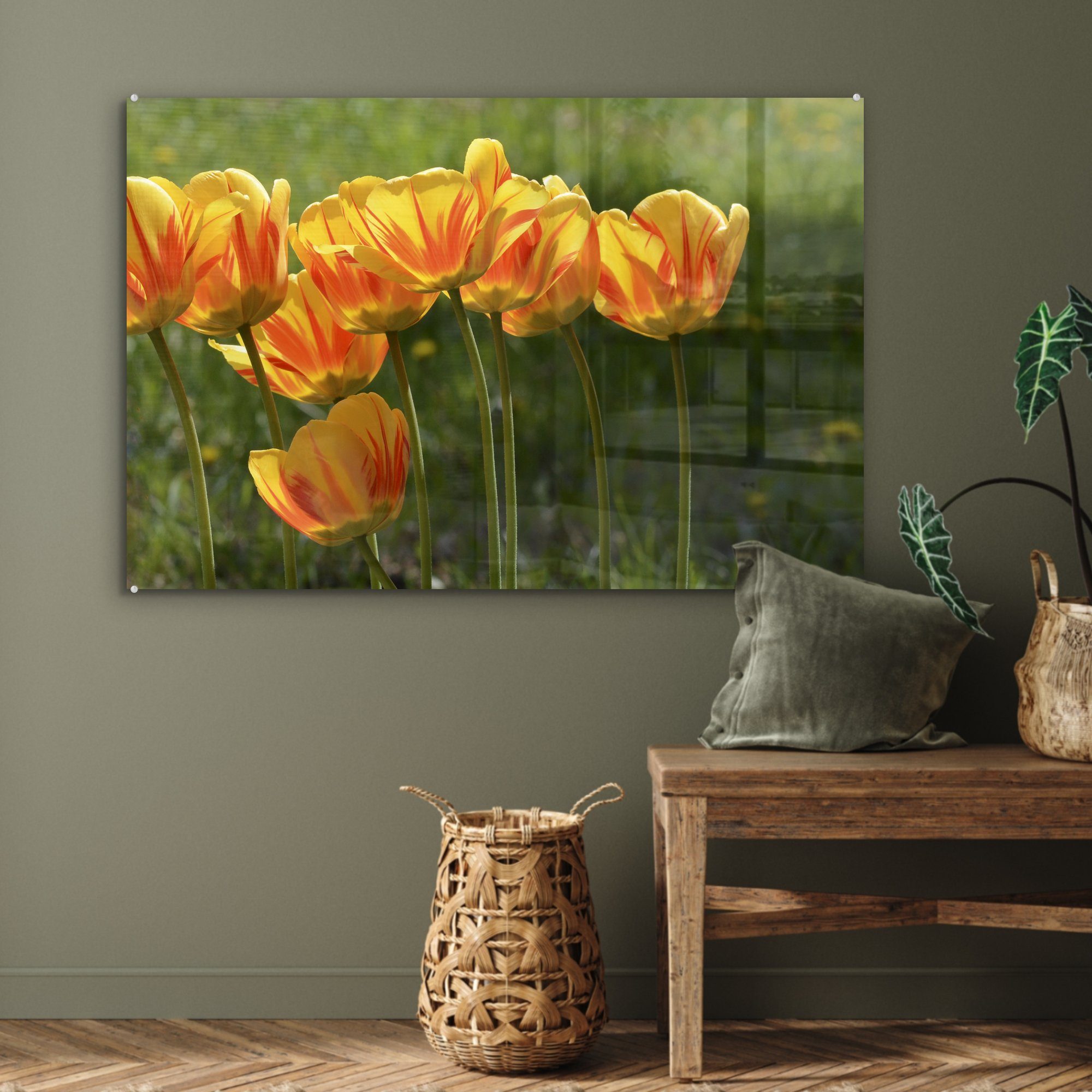 Orangefarbene Schlafzimmer Wiese, einer auf St), Wohnzimmer MuchoWow Tulpen Acrylglasbild (1 & Acrylglasbilder