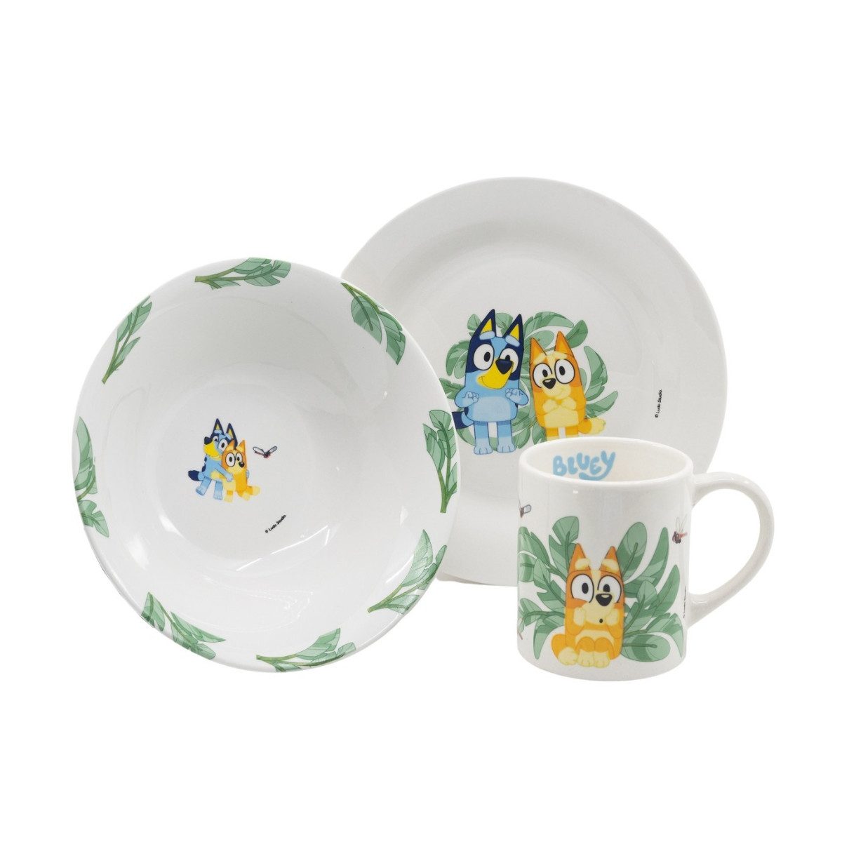 Bluey Kindergeschirr-Set Kinder Keramik 3 teilig Teller Schüssel Becher in Geschenkbox (3-tlg), 1 Personen, Keramik
