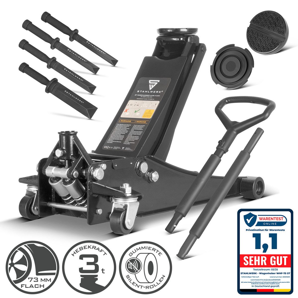 STAHLWERK Домкрат Домкрат WHB-73 ST mit 3 t Tragkraft, gummierte Silent-Rollen, Set, 2-tlg., Set, äußerst geringe Geräuschemissionen
