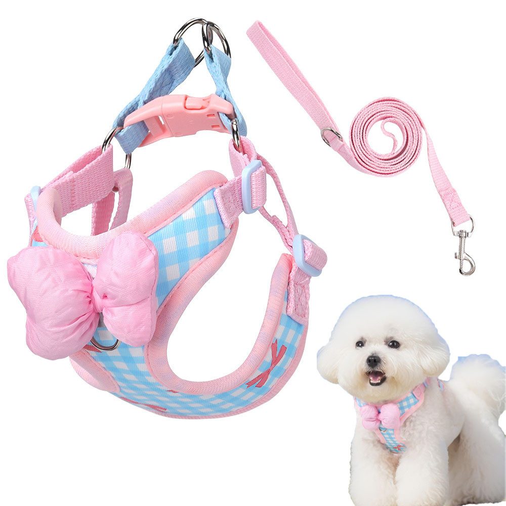 Ledander Hunde-Geschirr Karierter Hundegeschirr mit Schleifen-Design und Leine, ideal zum Laufen, Spazierengehen, Einkaufen und Training von Ledander
