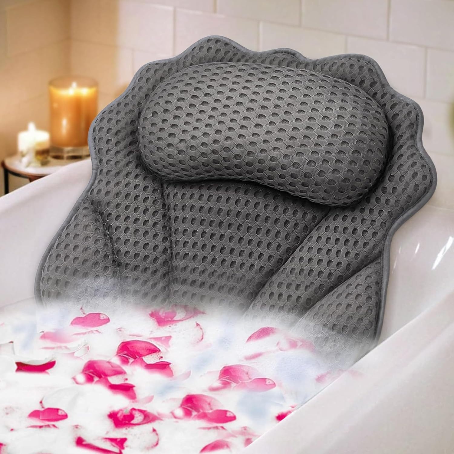 Refined Living Badewannenkissen Ergonomisches Badekissen mit 4D-Air-Mesh & 6 Saugnäpfen,Spa Badekissen, Luxus Badewannenkissen mit Aufhängehaken, 4D Air Mesh Badekissen, Kopfkissen Badewanne, Badewannenzubehör, Nackenkissen Badewanne, mit Nacken- und Rückenstütze, rutschfest und waschbar, 1-tlg., schimmelresistent,antibakteriell,atmungsaktiv, weiches, wasser, für alle Badewannen, Whirlpools und Jacuzzis, Wellness Badekissen