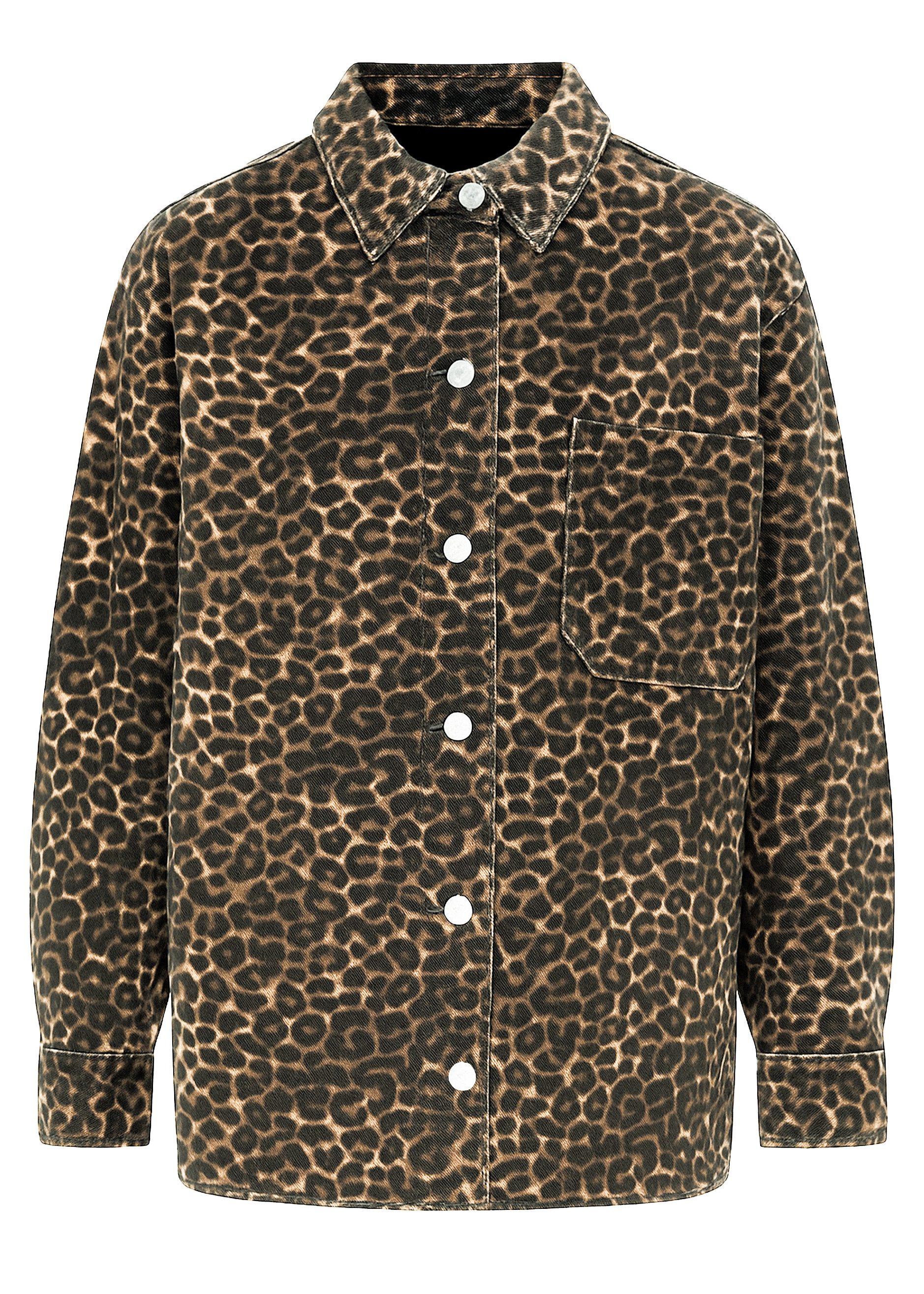 SASSYCLASSY Blusenjacke Hemdjacke aus Jeansstoff mit Leo-Print Hemdjacke au günstig online kaufen