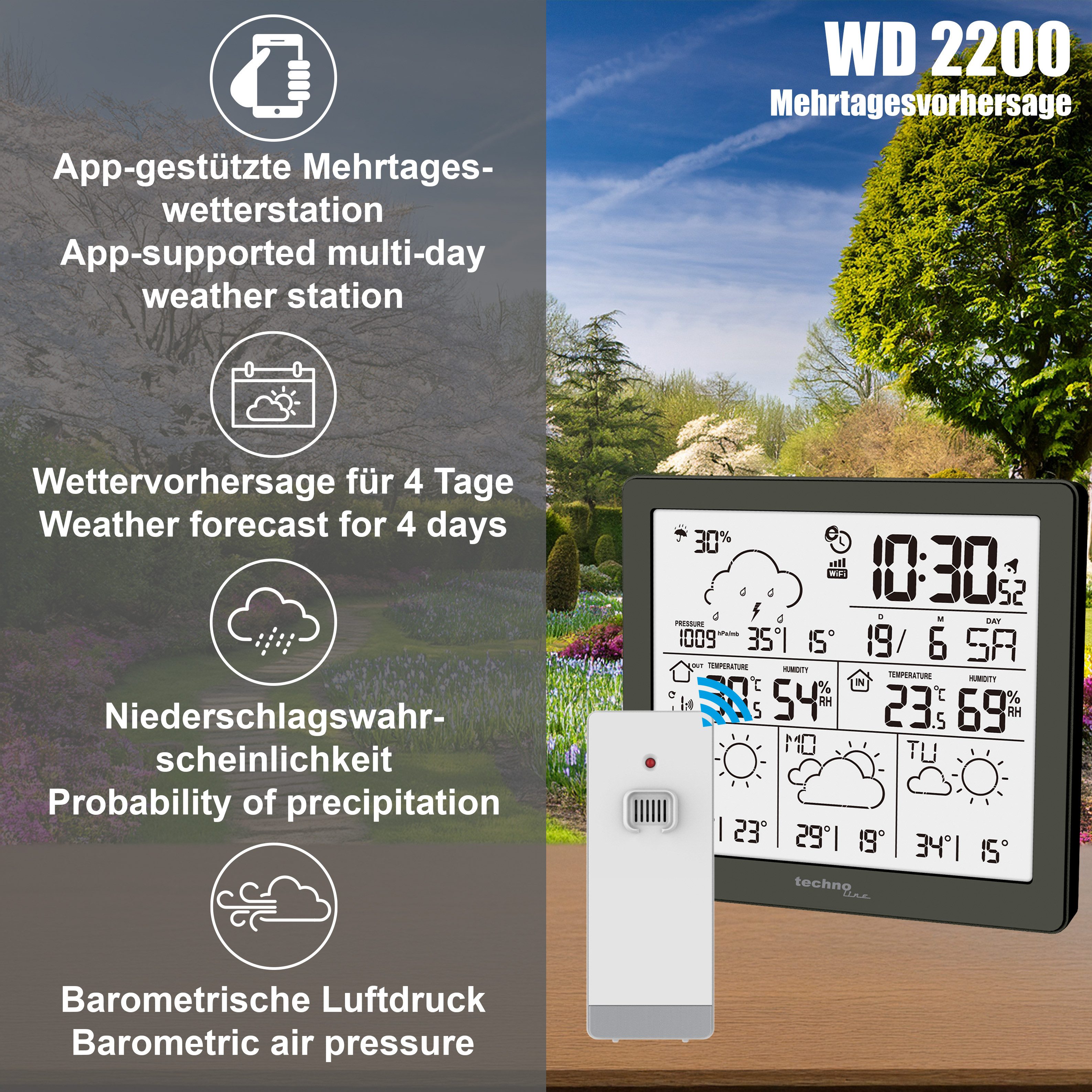 technoline WD 2200 Wetterstation (inkl. Außensender, 4-Tage-Prognose, App-Anbindung, Wetterdaten & Luftfeuchtigkeit)
