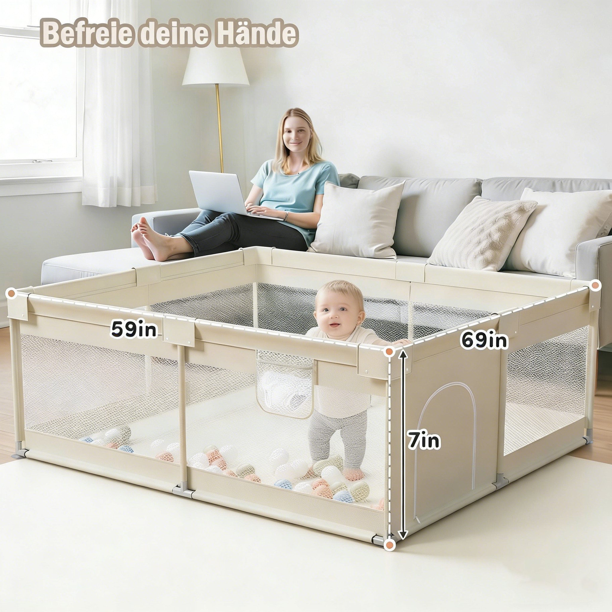 MC Star Laufstall Baby 175x150 cm – Großer Baby Laufgitter XXL (Sicherheitsspielplatz Kinder mit Netzdesign, ideal für den Innenbereich, Beige)
