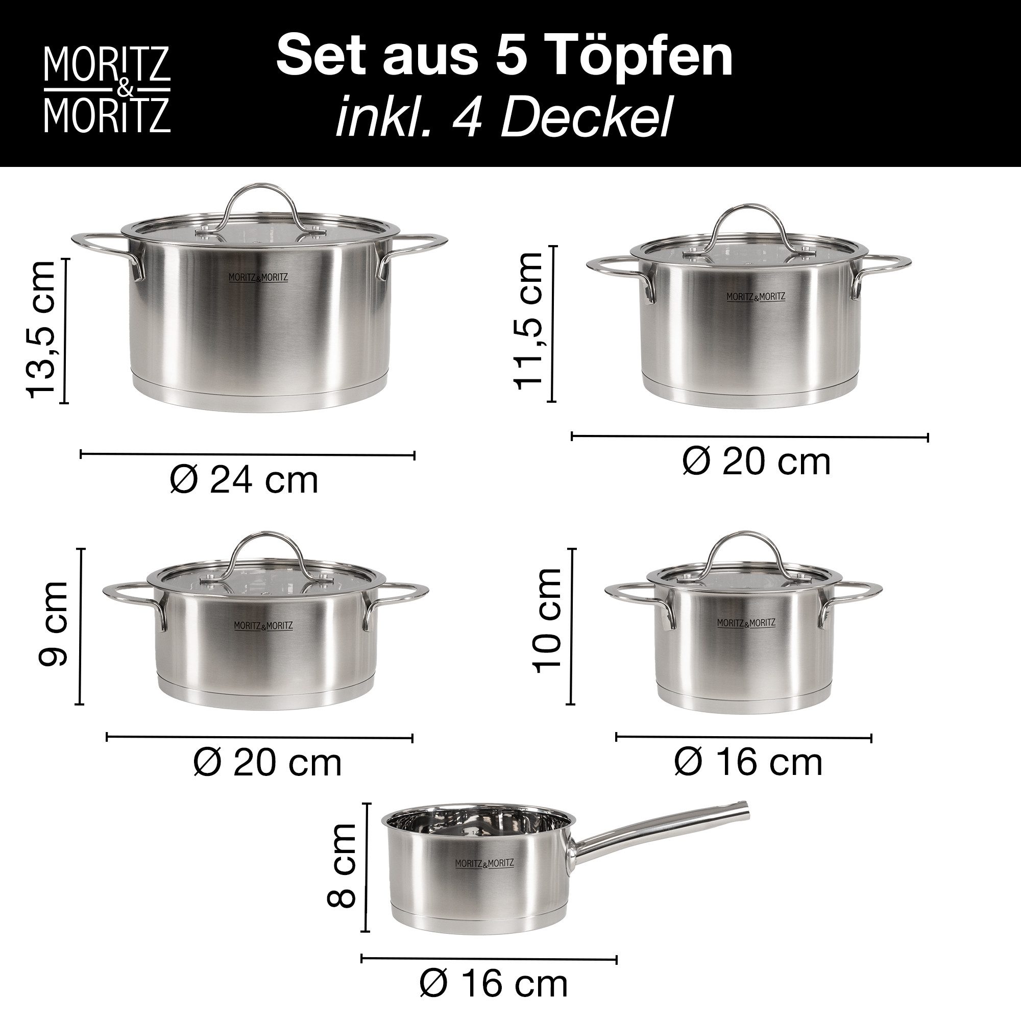Moritz & Moritz Topf-Set Edelstahl Kochtopfset 9-teilig, 5 Kochtöpfe inkl. 4 Glasdeckel, Edelstahl (Set, 9-tlg., Set), für alle Herdarten