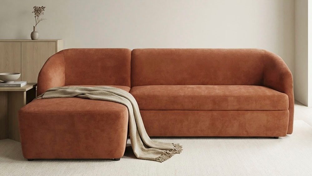 DOMO collection Ecksofa Orbis, modernes, klares Design mit schmalen, abgerundeten Armlehnen, whlw. mit Bettfunktion u./o. Bettkasten, aus Luxus- Microfaser